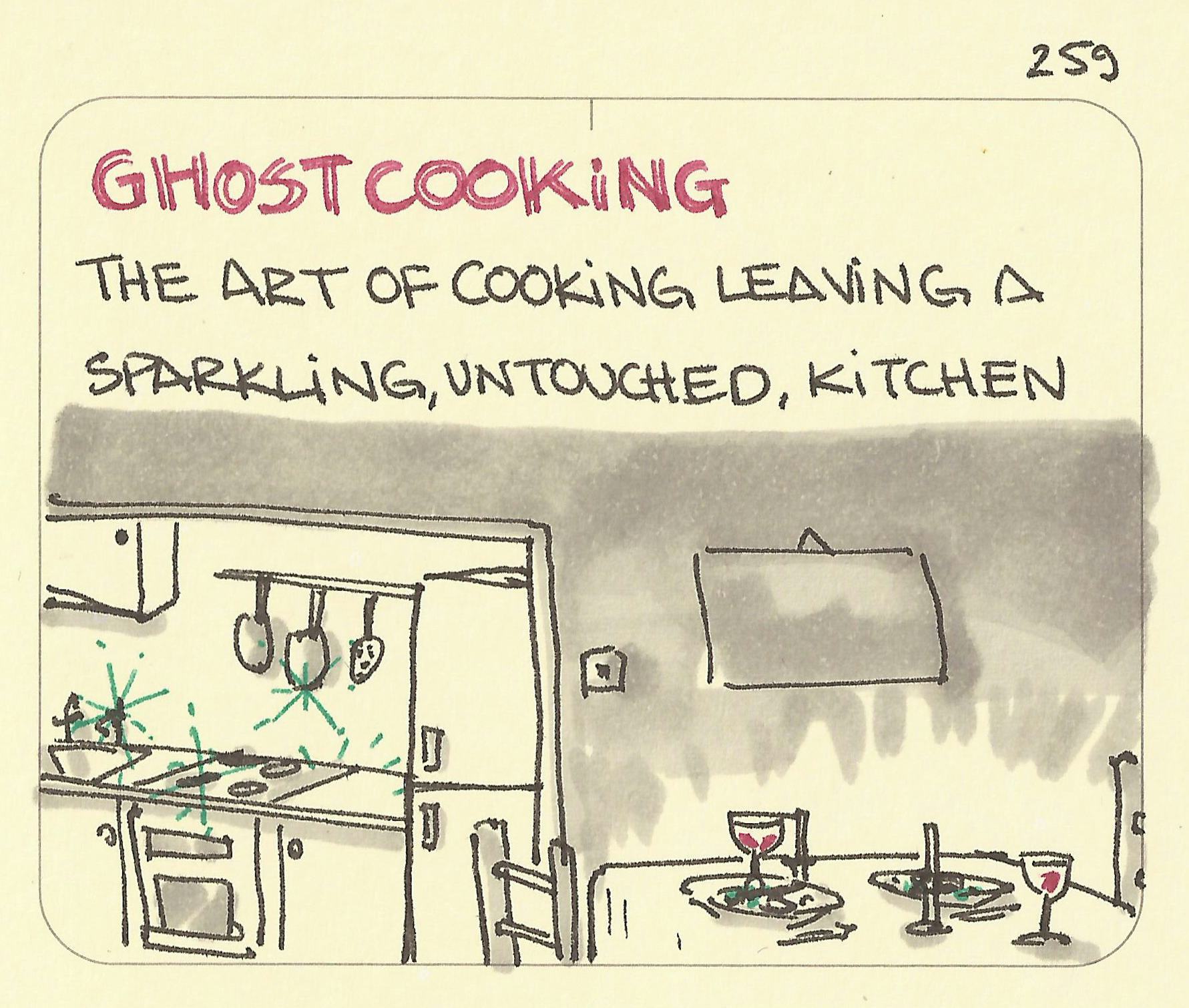 Ghost cooking illustration: the art of cooking leaving a sparkling, untouched kitchen
