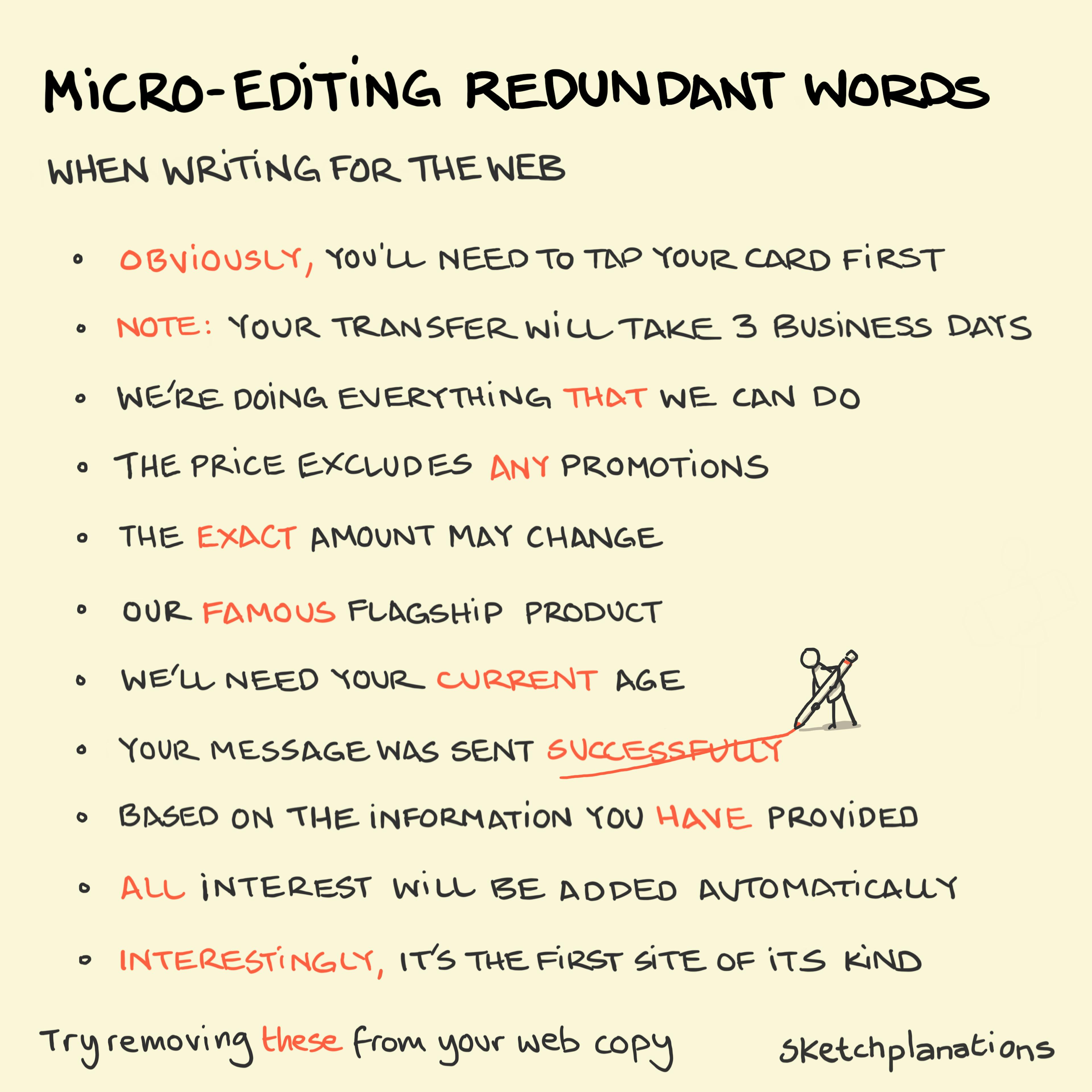 Micro-Editing Redundant Words illustration: A list of frequently used phrases in web copy is shown, with redundant words highlighted in red. A good reminder when writing these image captions! 