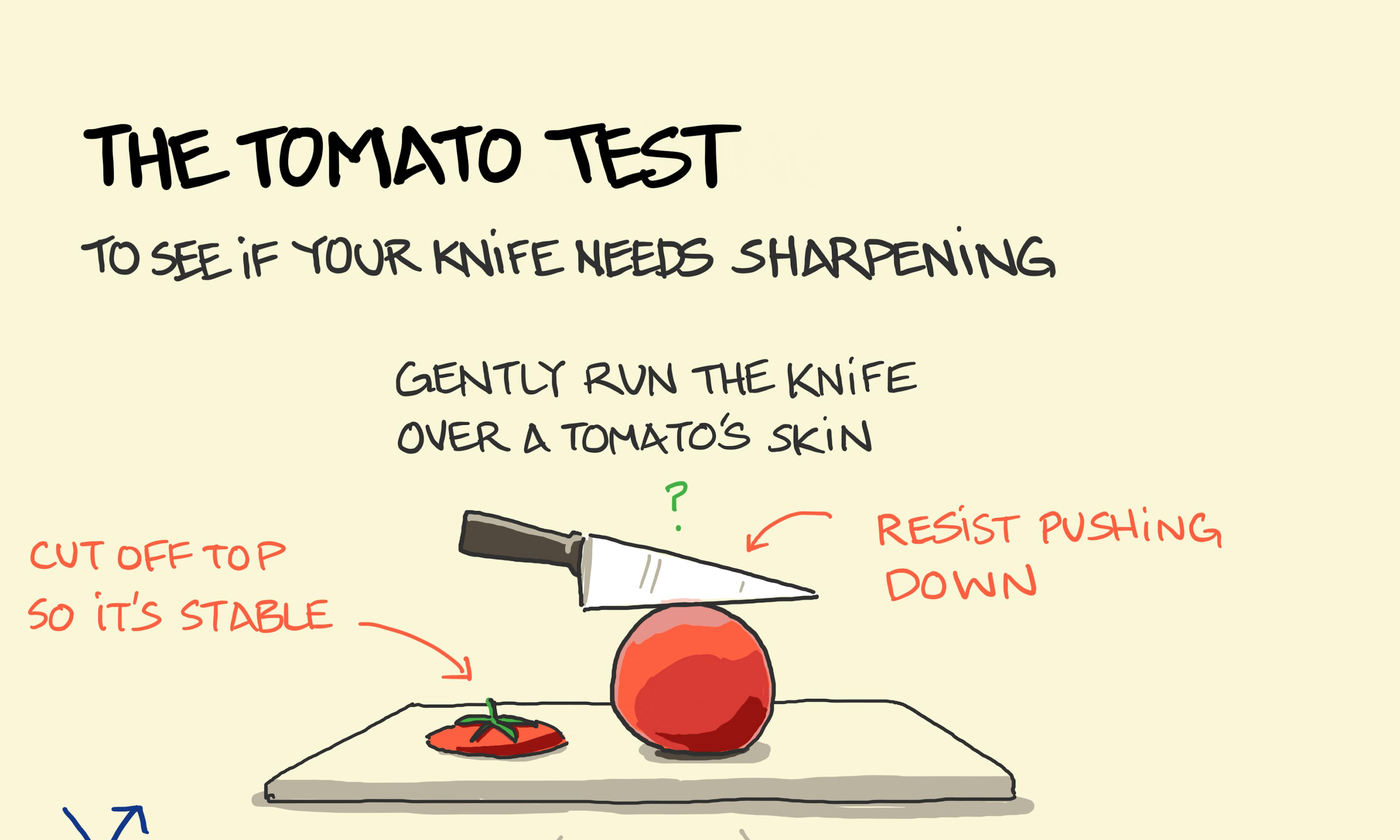 The tomato slicing test to see if you need to sharpen your knife. A knife running over the surface of a tomato followed by a disaster needing sharpening or some perfect precise slices