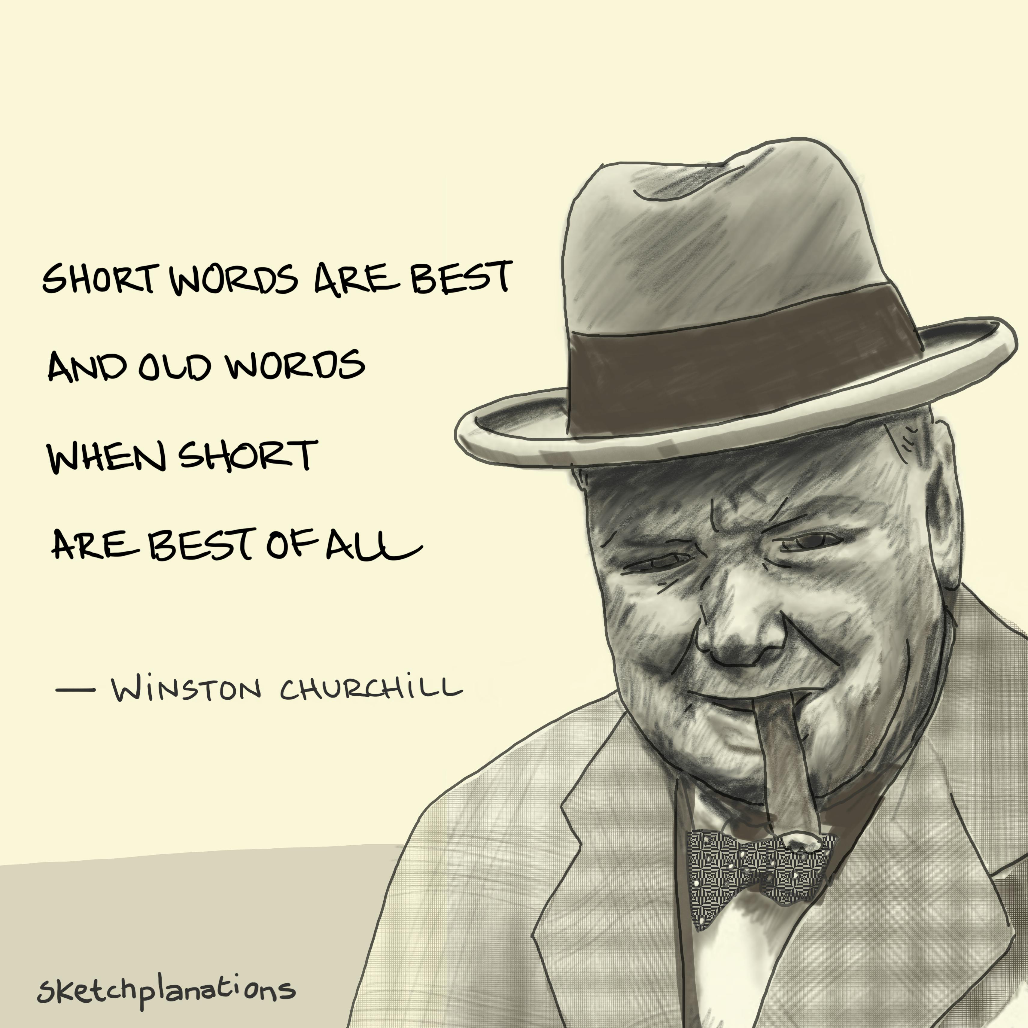 Short words are best Short Words Are Best illustration: A quote by Winston Churchill, about how using short words is best, appears next to an iconic portrait of the man himself wearing a Homburg hat and bow-tie, whilst smoking a big cigar.