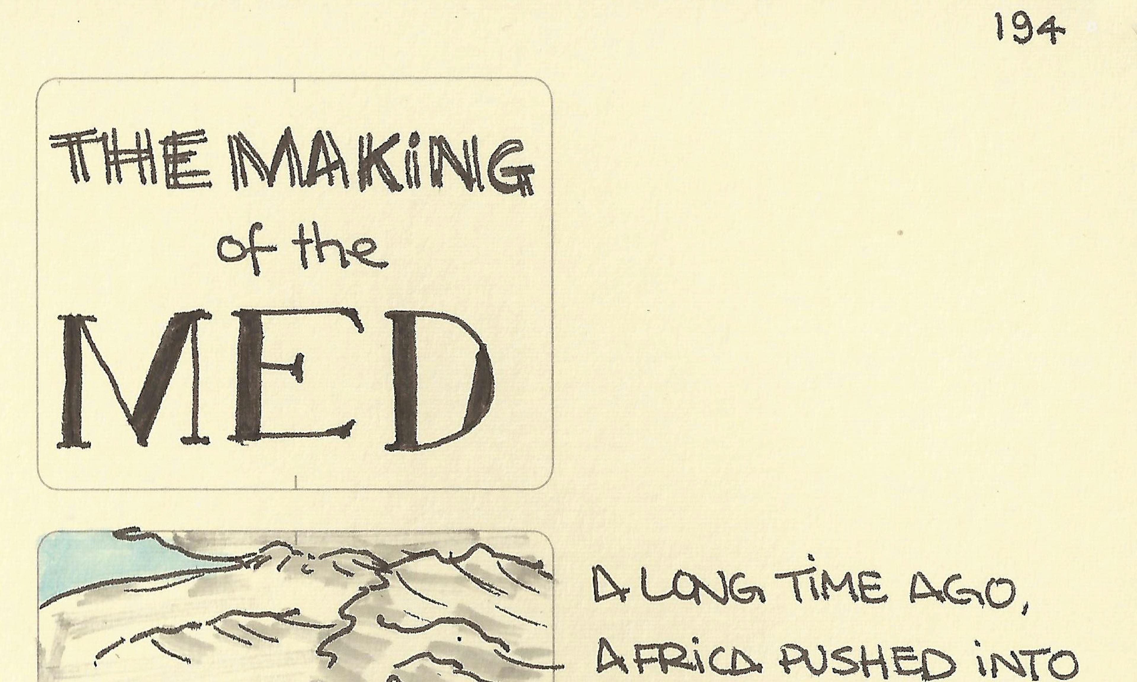 The Zanclean Megaflood: 3 illustrations showing Africa pushing into Europe, a giant rushing of the Atlantic filling the basin of the Mediterranean, and the map of how the Mediterranean sea appears today