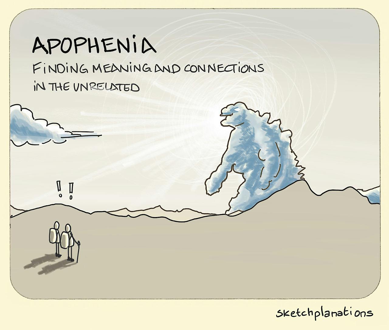 Apophenia example: two hikers look up into the sky with surprise to see a cloud in the form of Godzilla!
