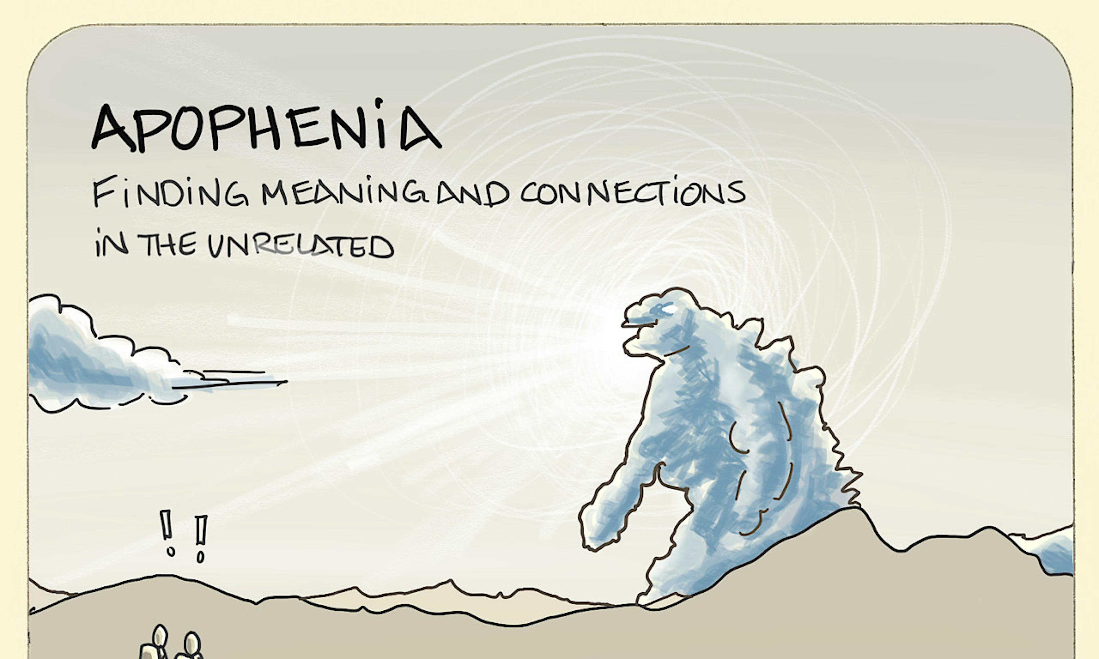Apophenia example: two hikers look up into the sky with surprise to see a cloud in the form of Godzilla!