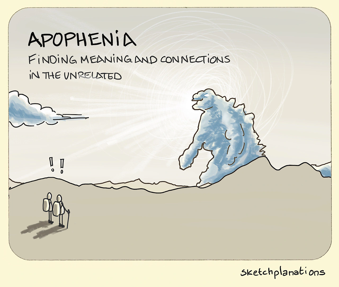 Apophenia example: two hikers look up into the sky with surprise to see a cloud in the form of Godzilla!