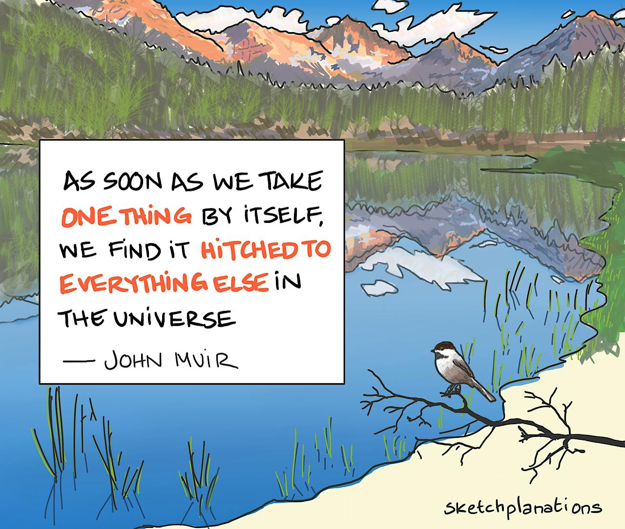John Muir quote illustration with a Sierra Nevada lake and distant mountains with a mountain chickadee bird on a branch in the foreground and the quote "As soon as we take one thing by itself, we find it hitched to everything else in the universe."