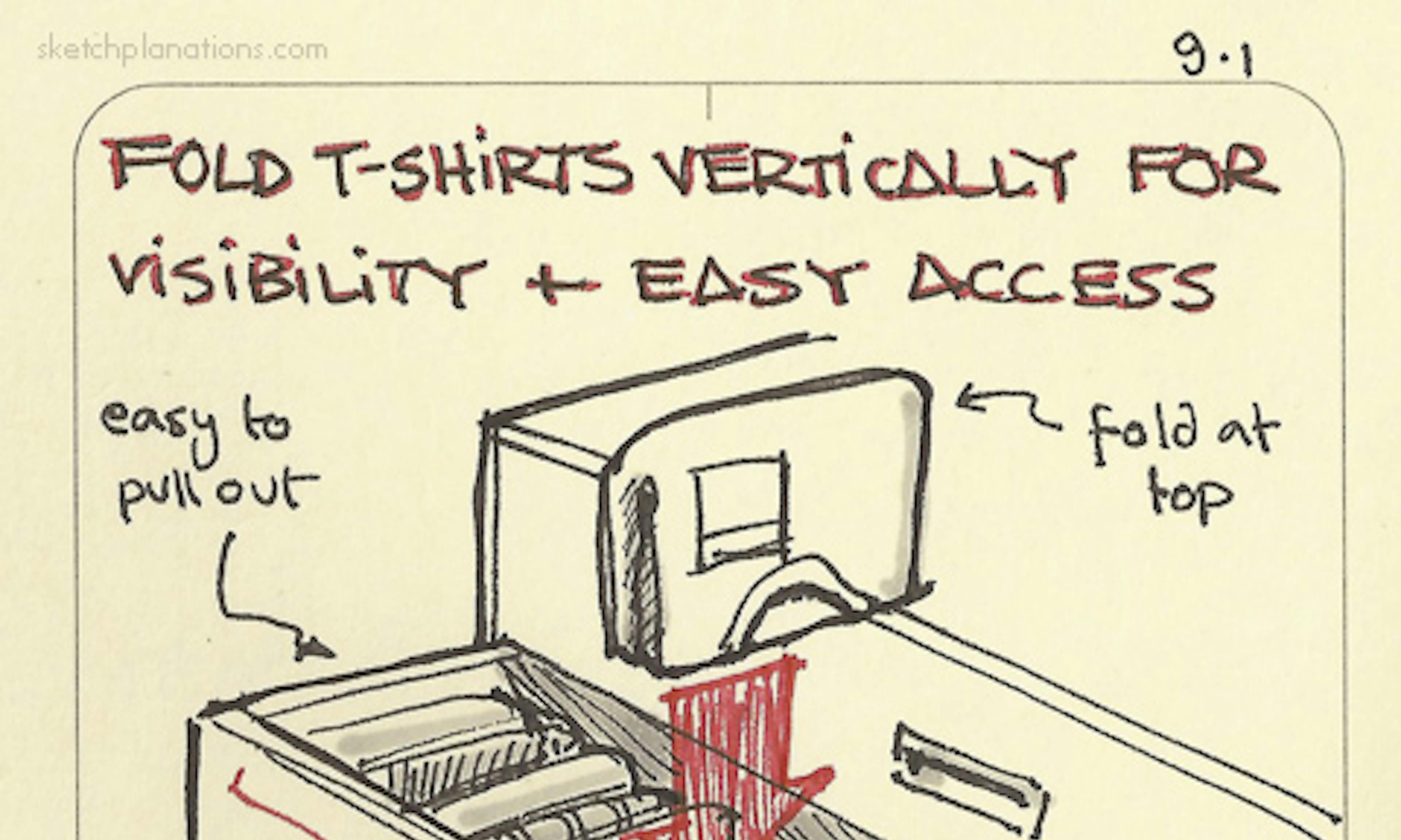 Fold and store t-shirts vertically for visibility and easy access