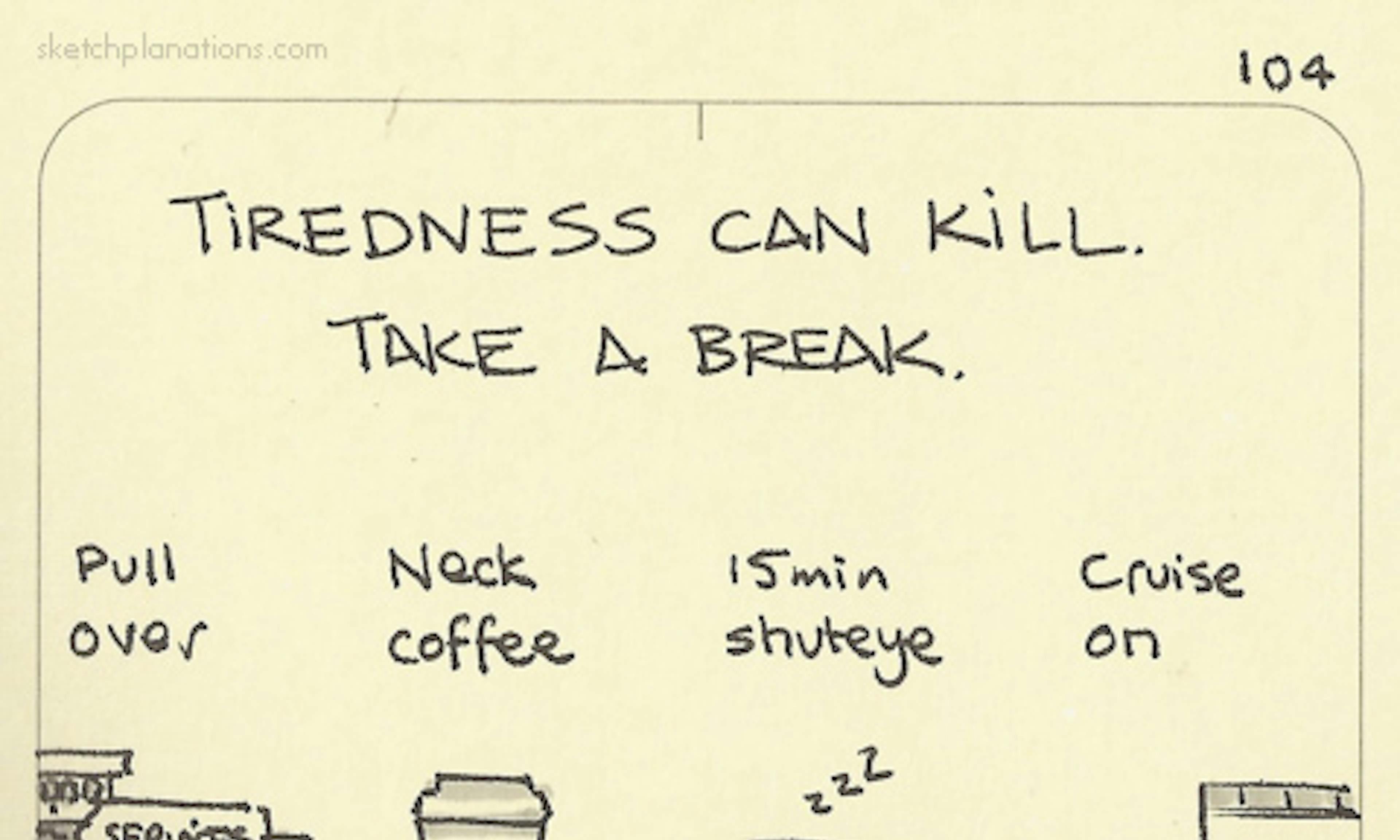 What is a nappuccino example and tiredness can kill: Pull over, neck coffee, get 15 min shuteye for the caffeine to work then cruise on