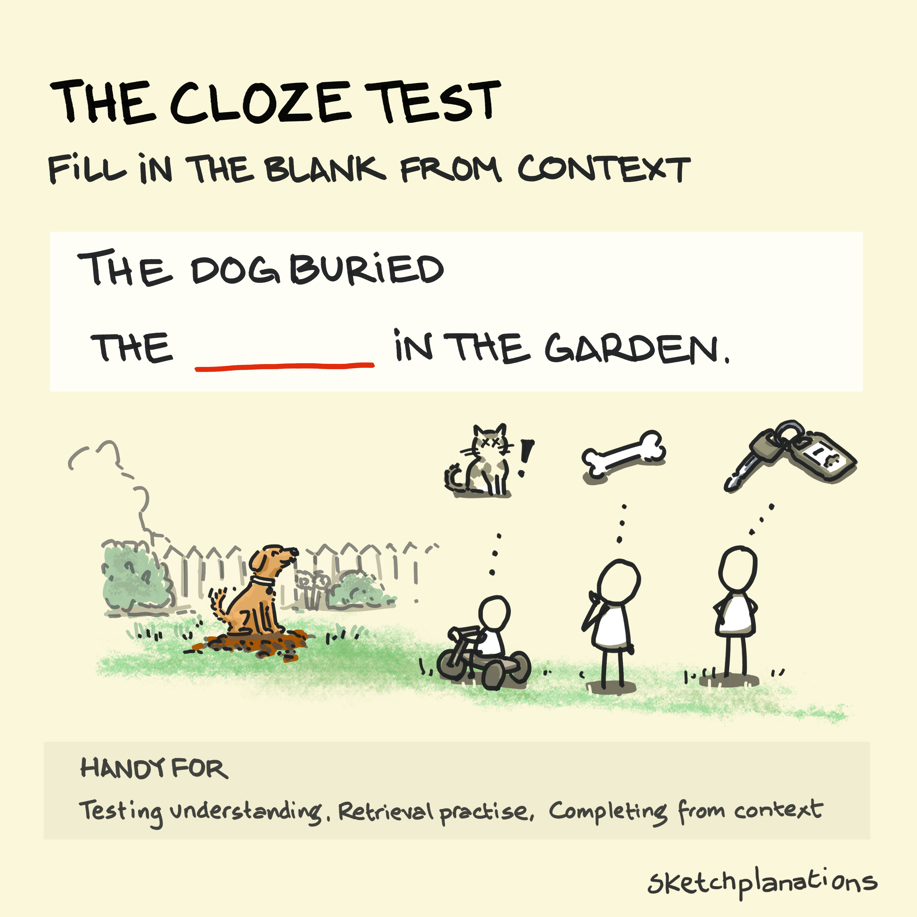 The Cloze test example of fill in the blank, complete the sentence type quiz question. With a dog buries 'what?' in the garden example