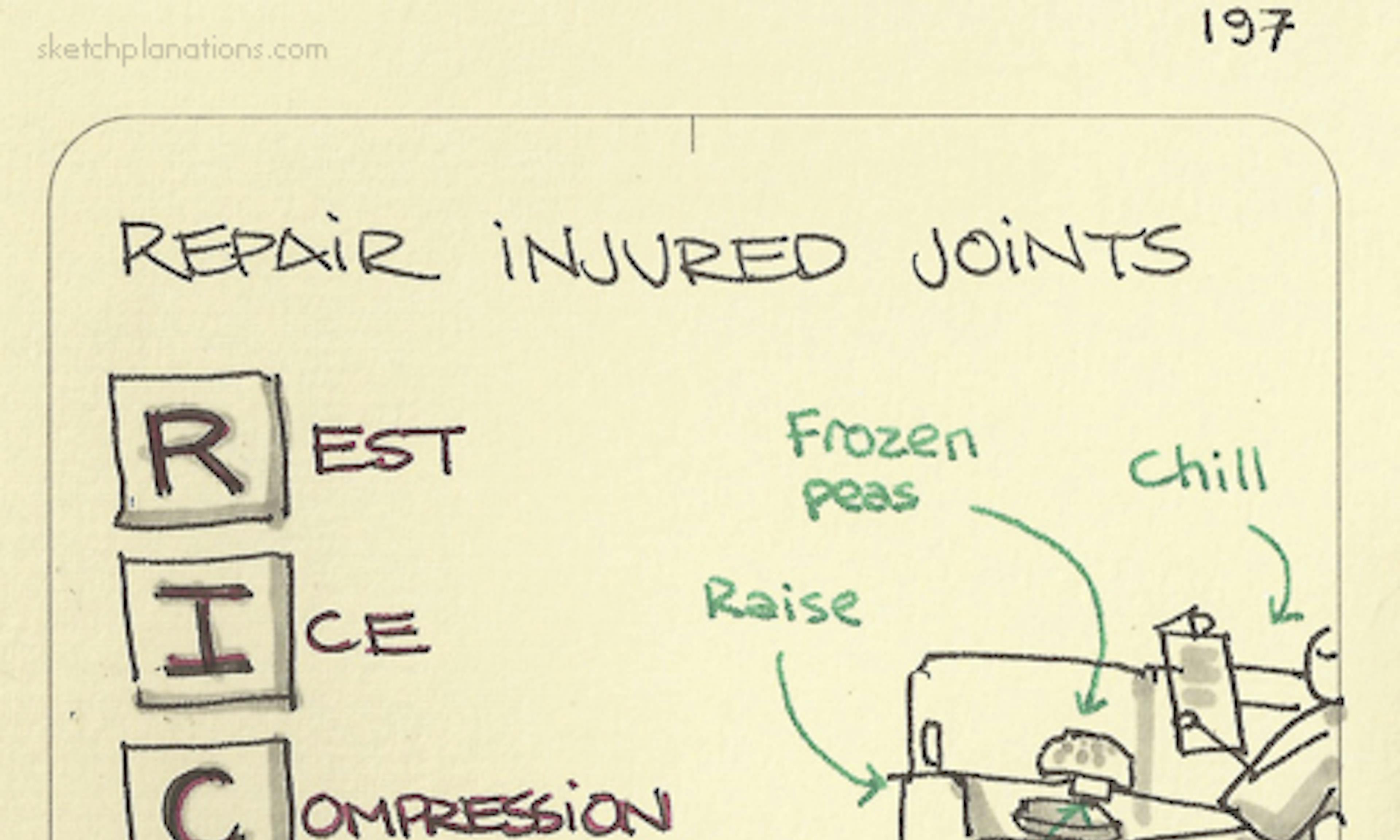 What is the RICE acronym for repairing injured joints: Rest, Ice, Compression, Elevation