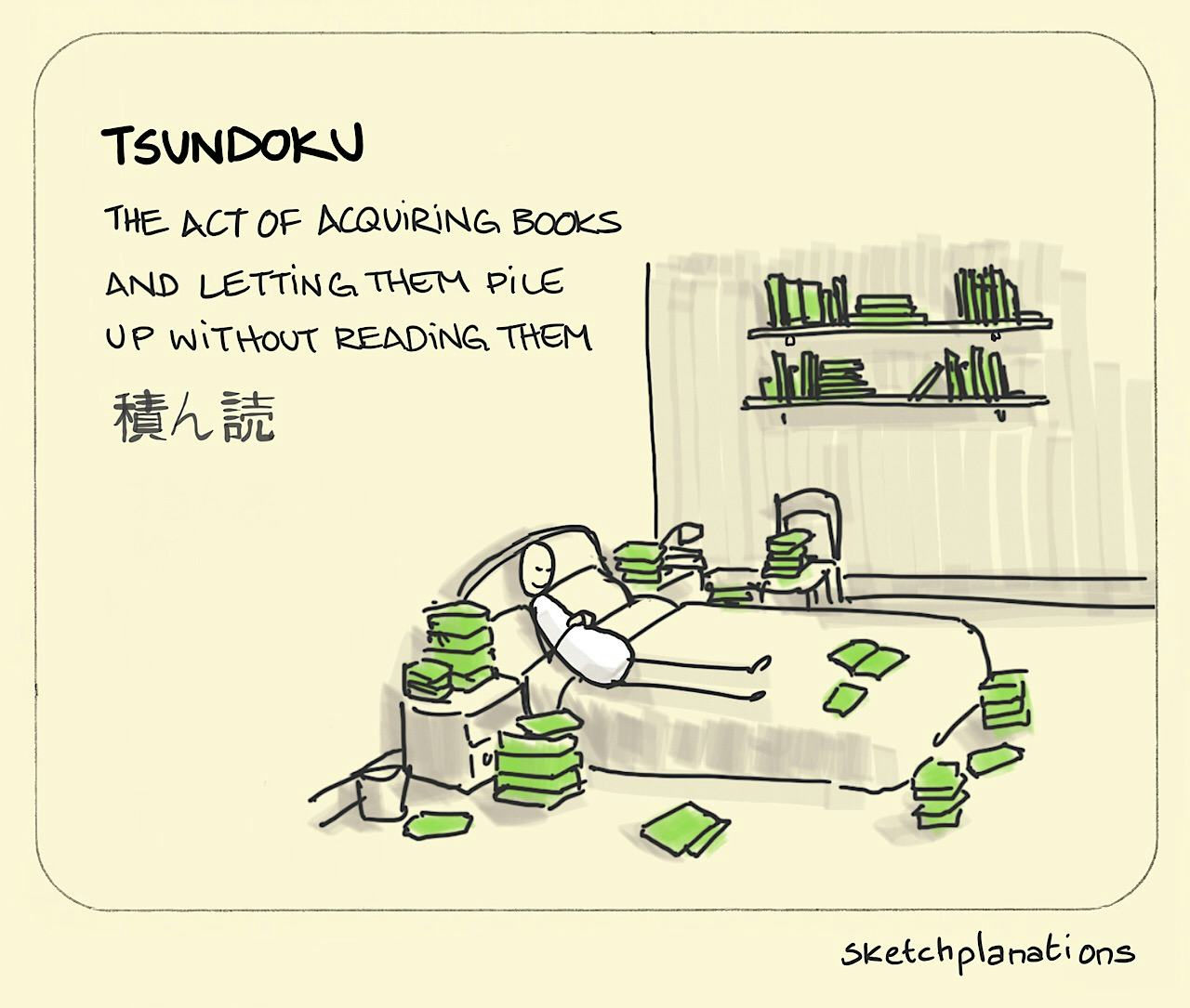 Tsundoku: A person snoozes happily on their bed surrounded by books, books and books