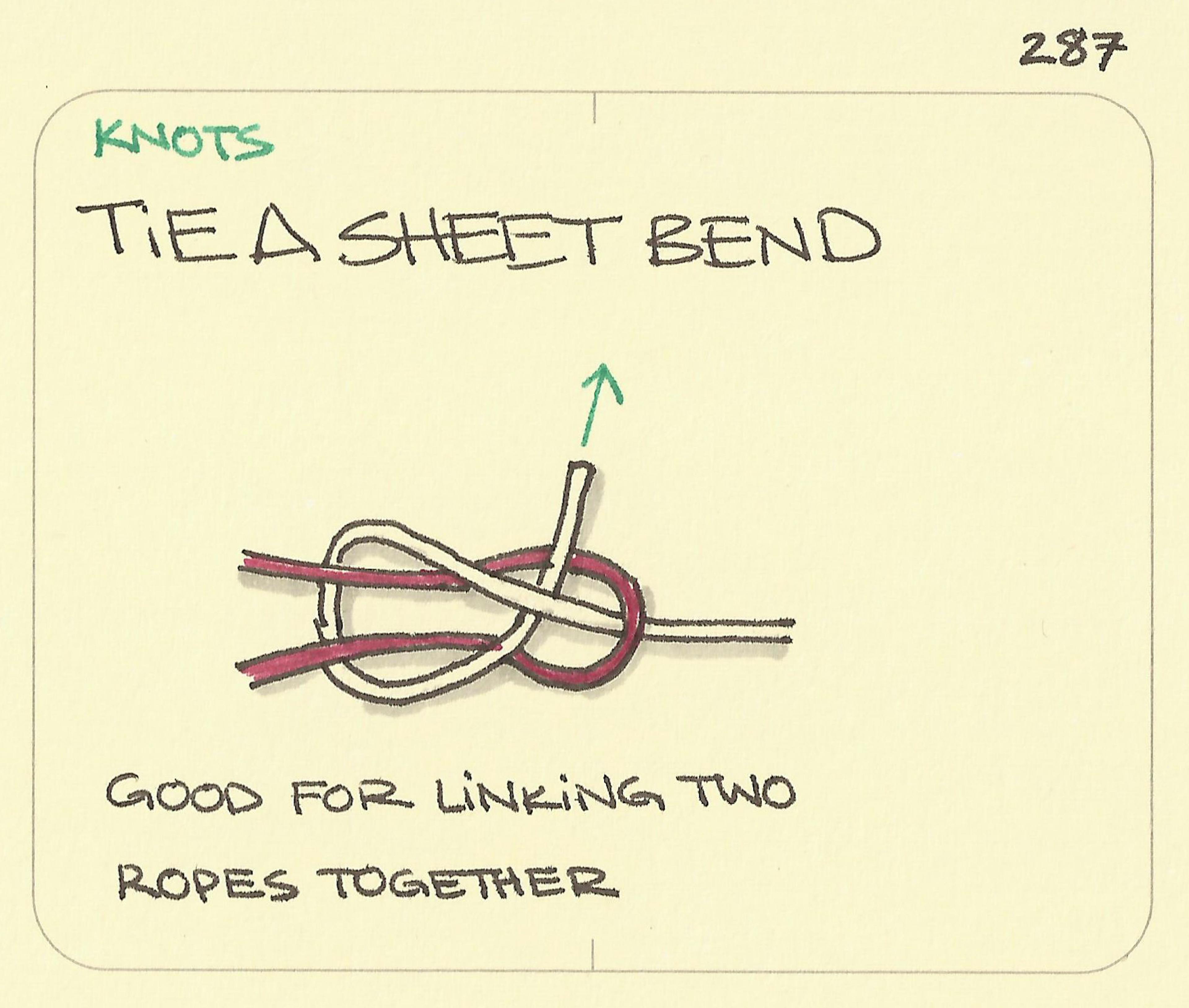 Tie A Sheet Bend illustration: the interaction between one red and one white length of rope is shown in the correct manner for tying a sheet bend knot. The knot is often used for joining two lengths of rope together. 