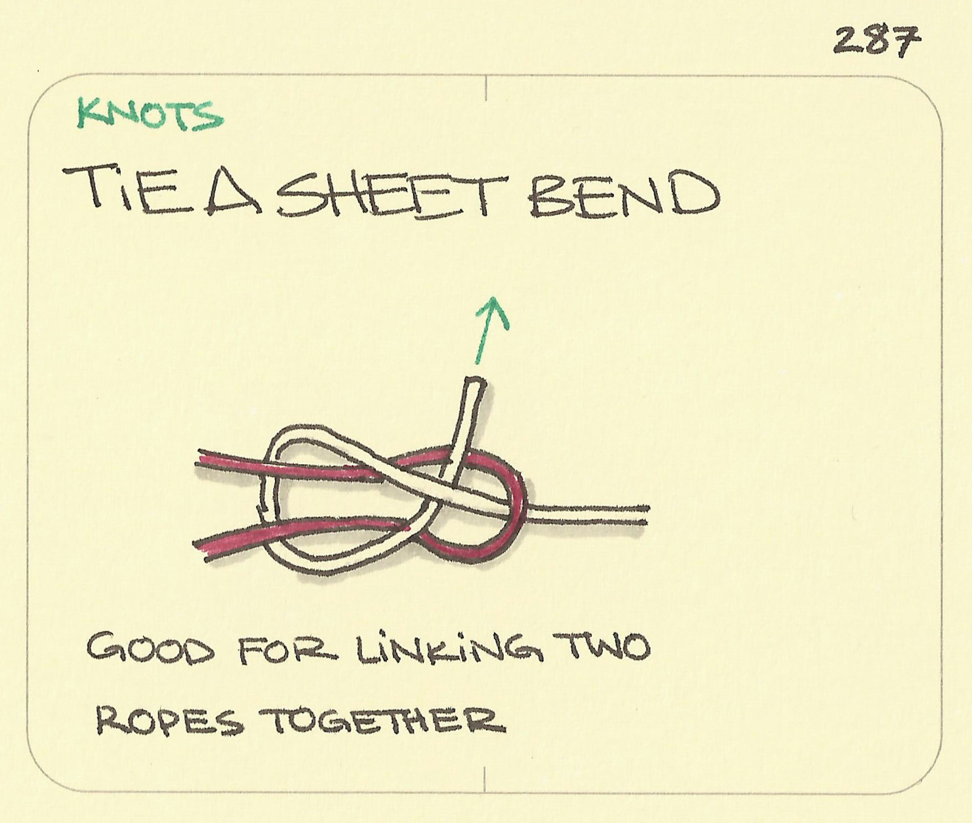 Tie A Sheet Bend illustration: the interaction between one red and one white length of rope is shown in the correct manner for tying a sheet bend knot. The knot is often used for joining two lengths of rope together. 