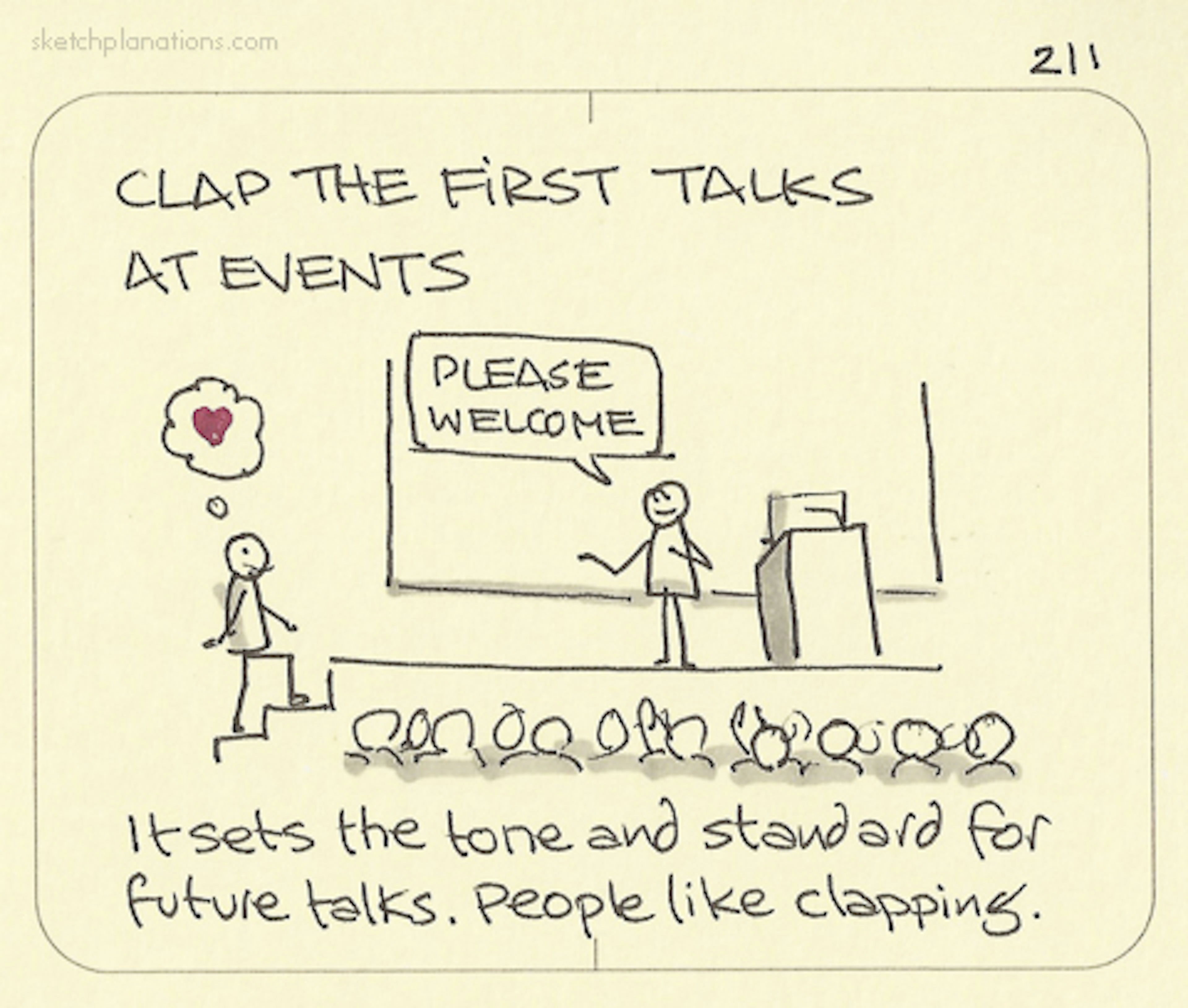 Clap the first talk at events - Sketchplanations