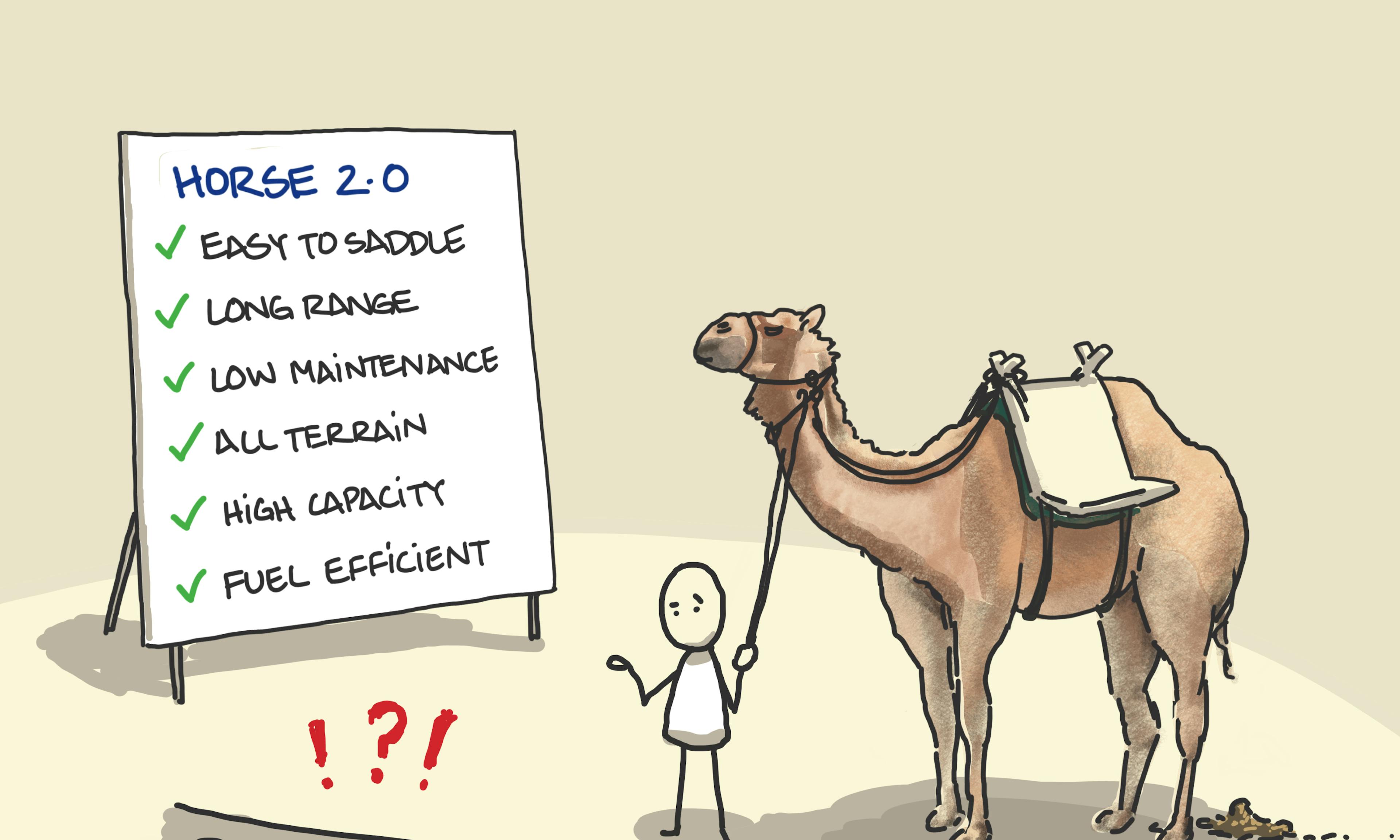 Design by committee illustration: A person demonstrates a camel as the solution to all the requirements for Horse 2.0
