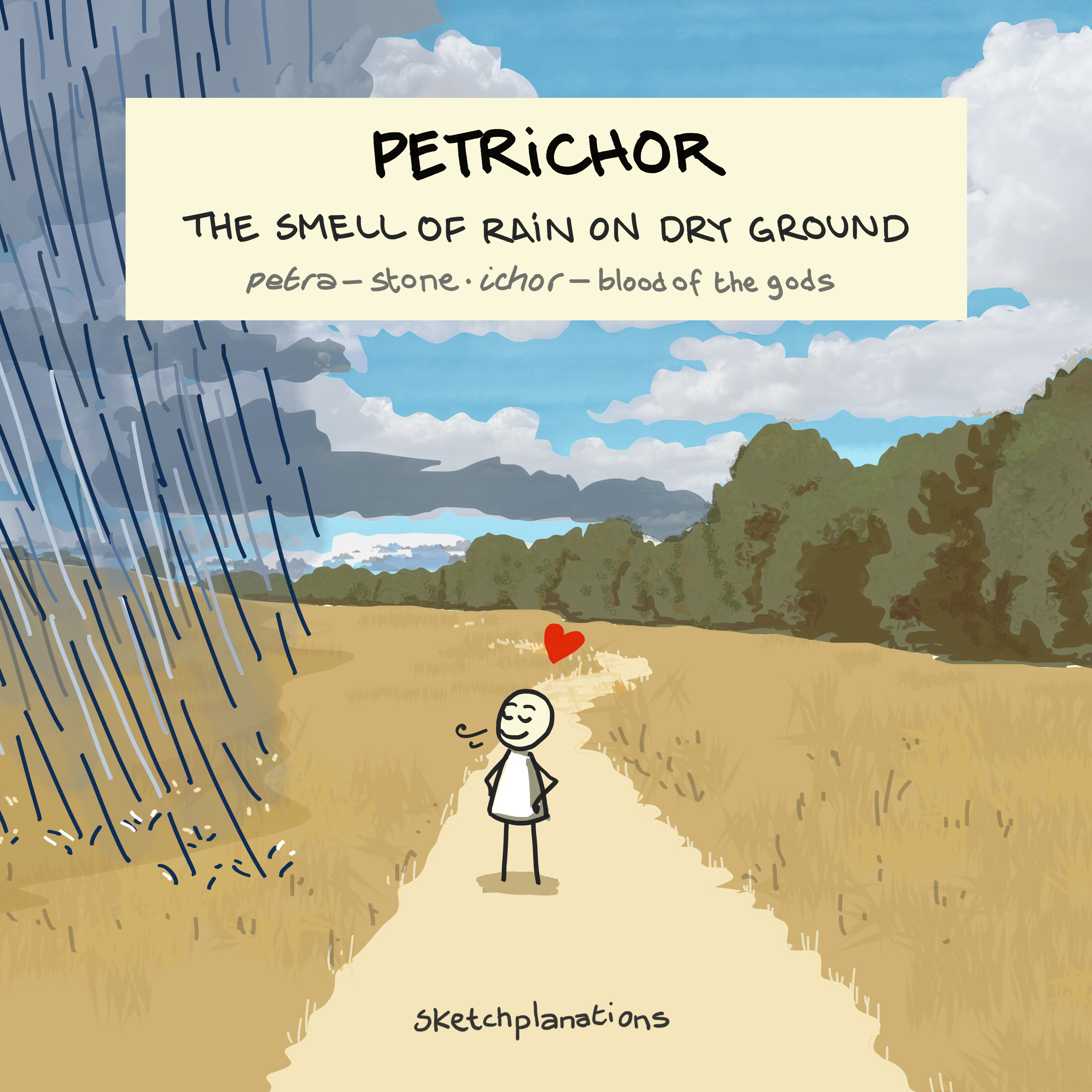 Petrichor: the smell of rain on dry ground from petra - stone, and ichor - the blood of the gods, with a person enjoying the smell in Richmond Park as the rain comes down.