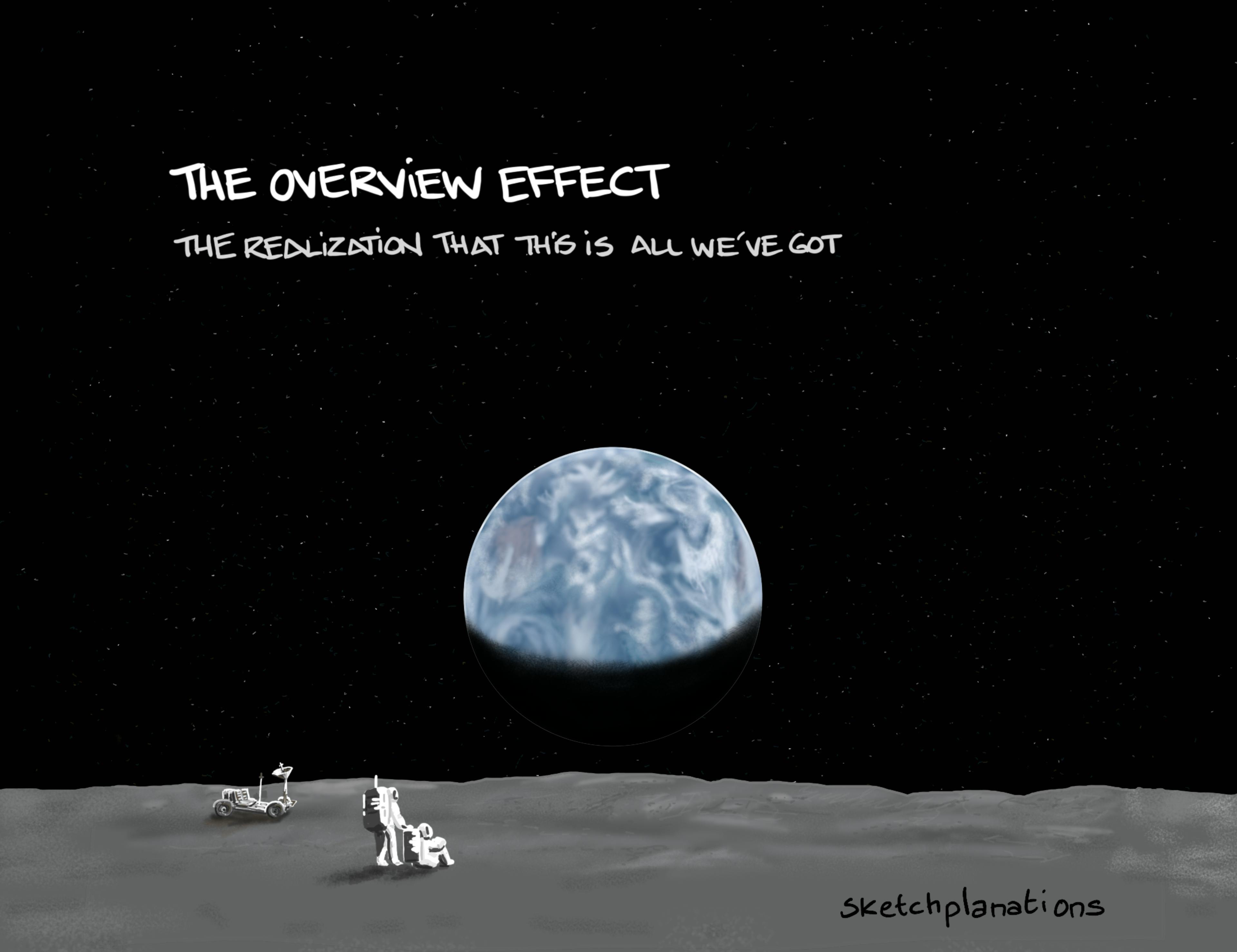 What is The Overview Effect example explained: the classic moonrise photo from the Apollo 11 moon missions with 2 astronauts have a bit of a moment and need to sit down when taking in the majestic view of Earth from the moon and realise this is all we've got.