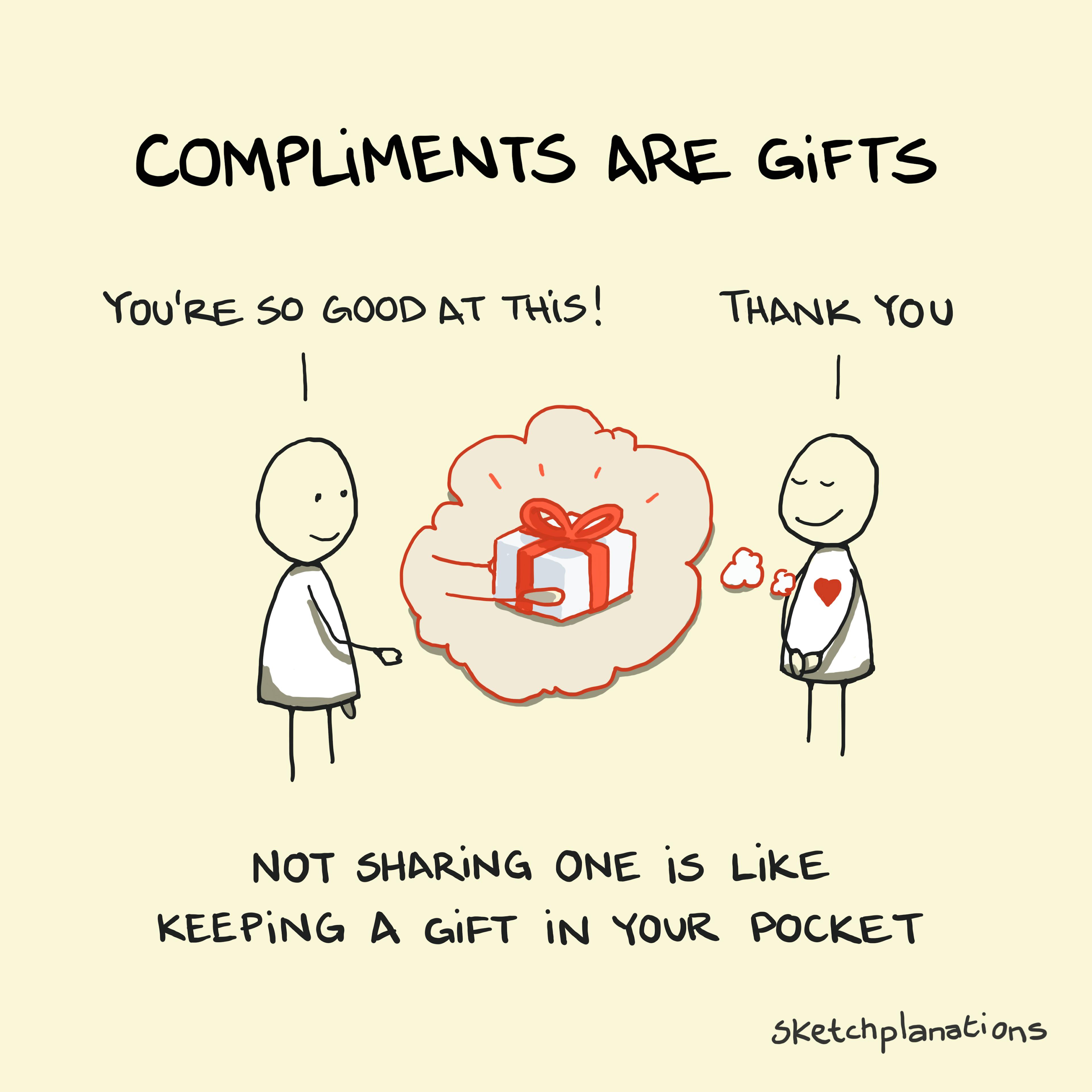 Compliments are gifts - not sharing one is like keeping a gift in your pocket: with one person complimenting another and it feeling like receiving a gift