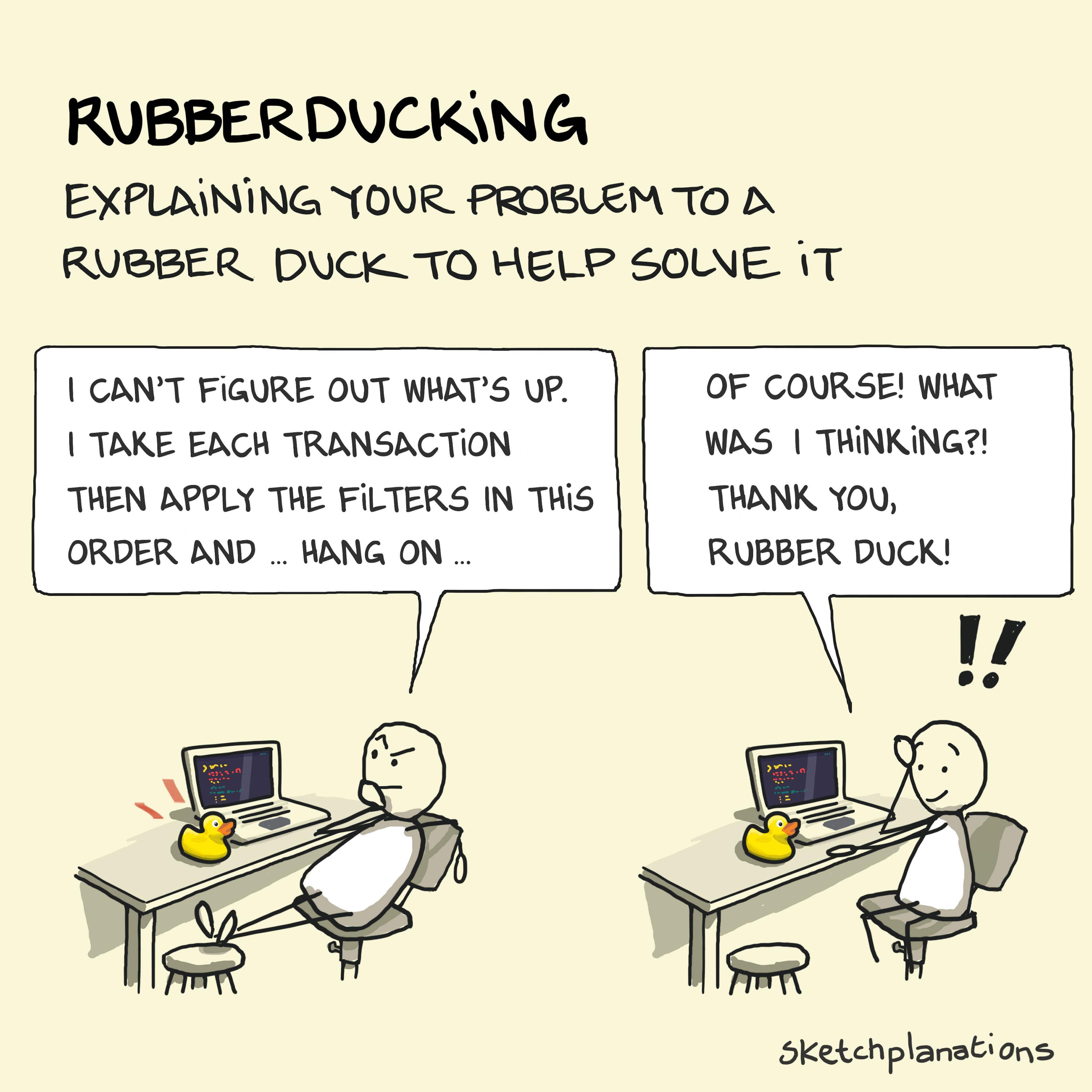 What is Rubberducking? Example explanation: a developer talks through their problem with the “therapist” rubber duck on their desk, only to discover the insight they need. Often useful for debugging.