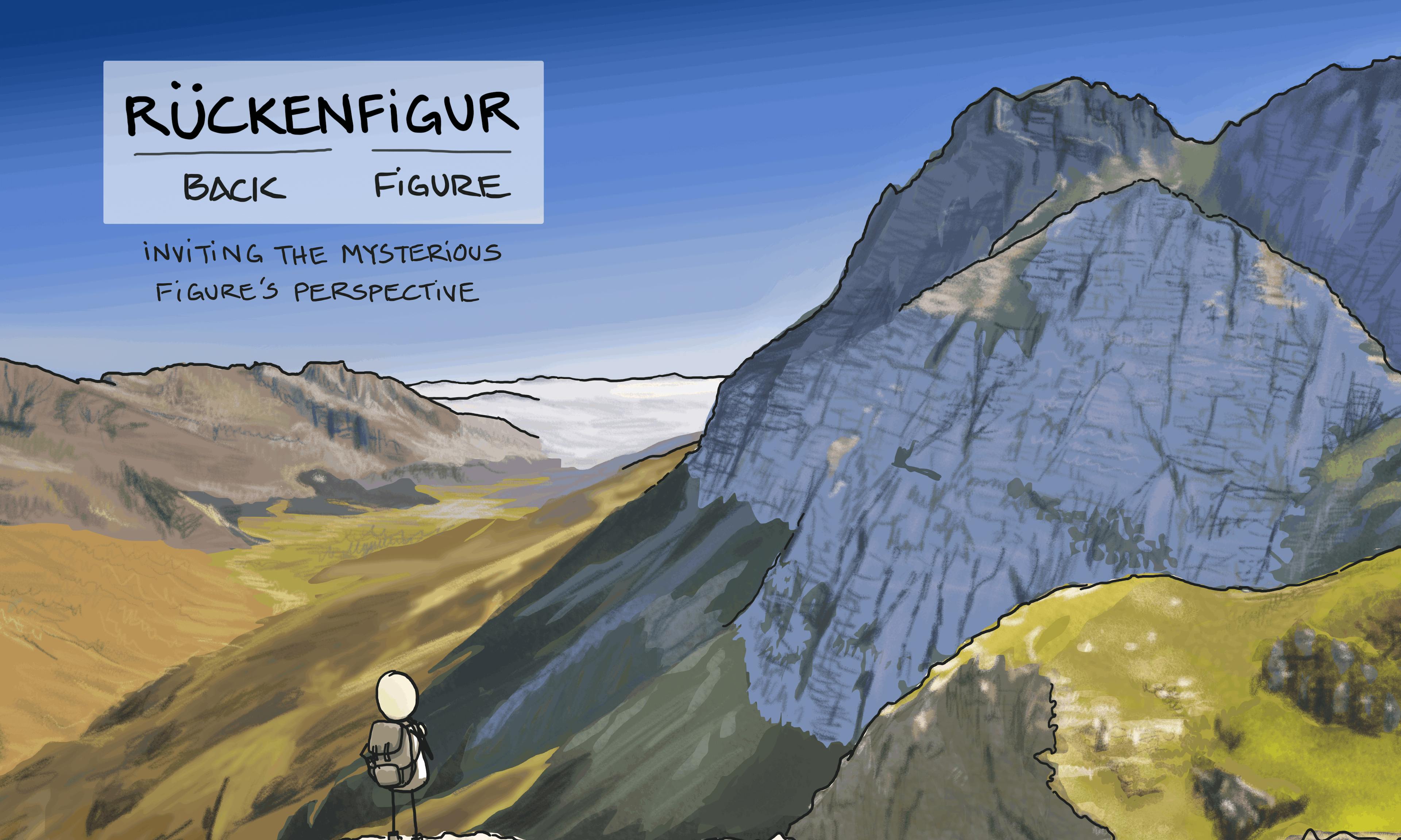 What is Rückenfigur example: a person looking out at a mountain scene