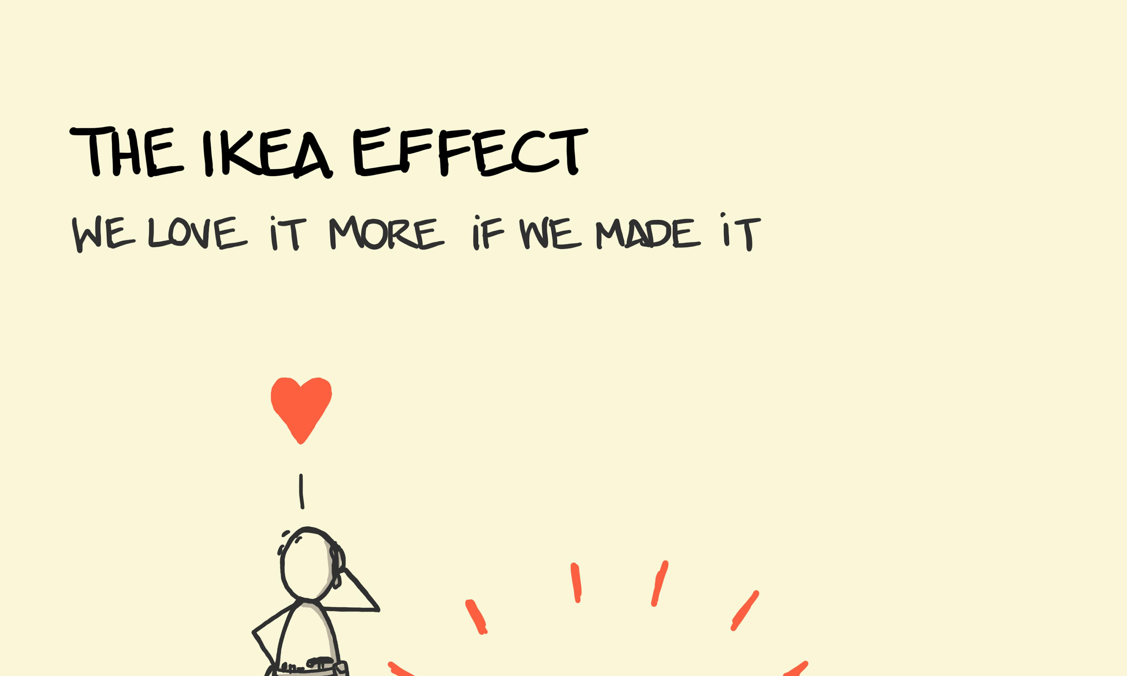 What is the IKEA effect example explained - sketch shows a person that put an IKEA table together by themselves, and although it's not a perfect build they still love it, because they put it together