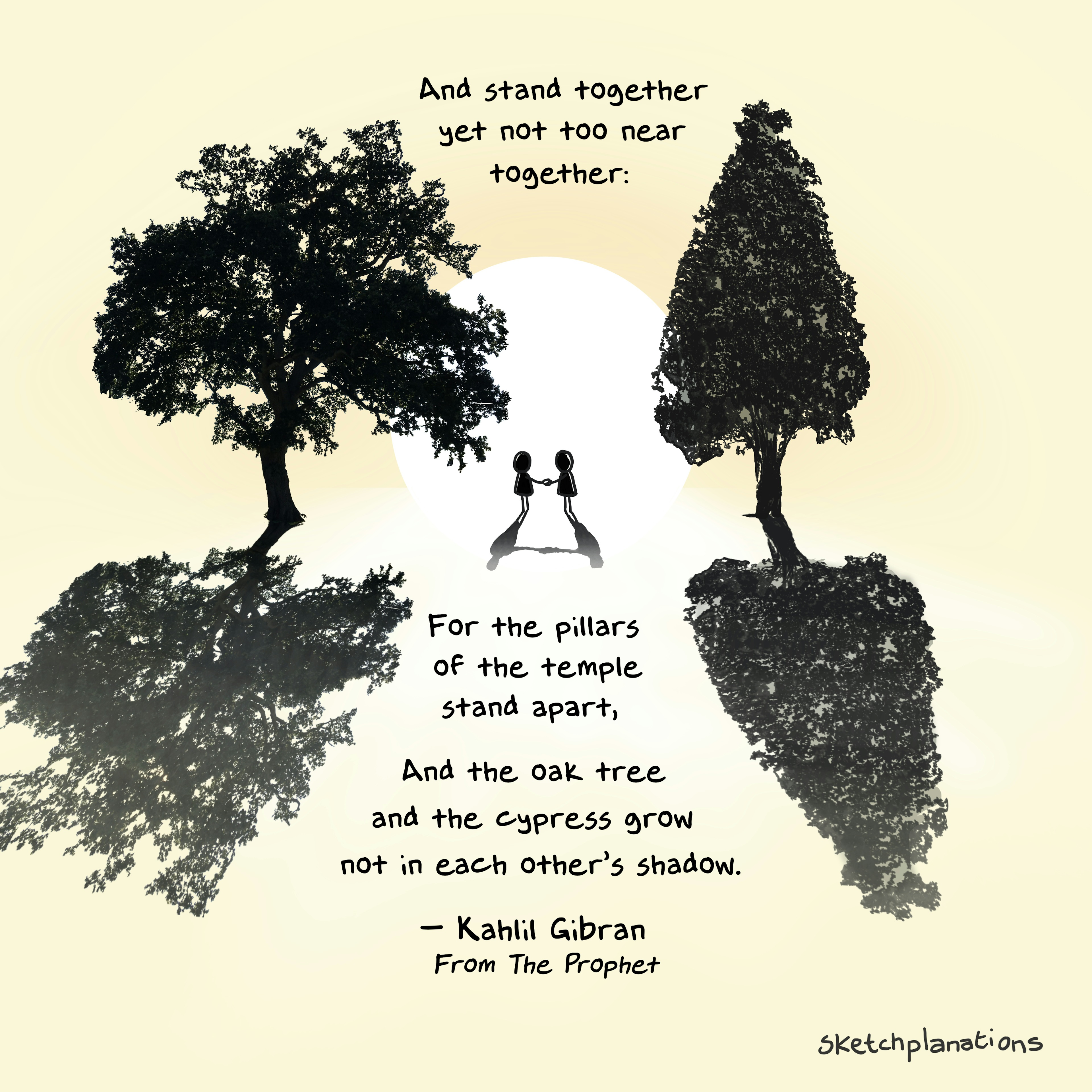 An illustration for Kahlil Gibran’s On Marriage from The Prophet: an oak and a cypress tree with two figures holding hands, grow not in each other’s shadow.