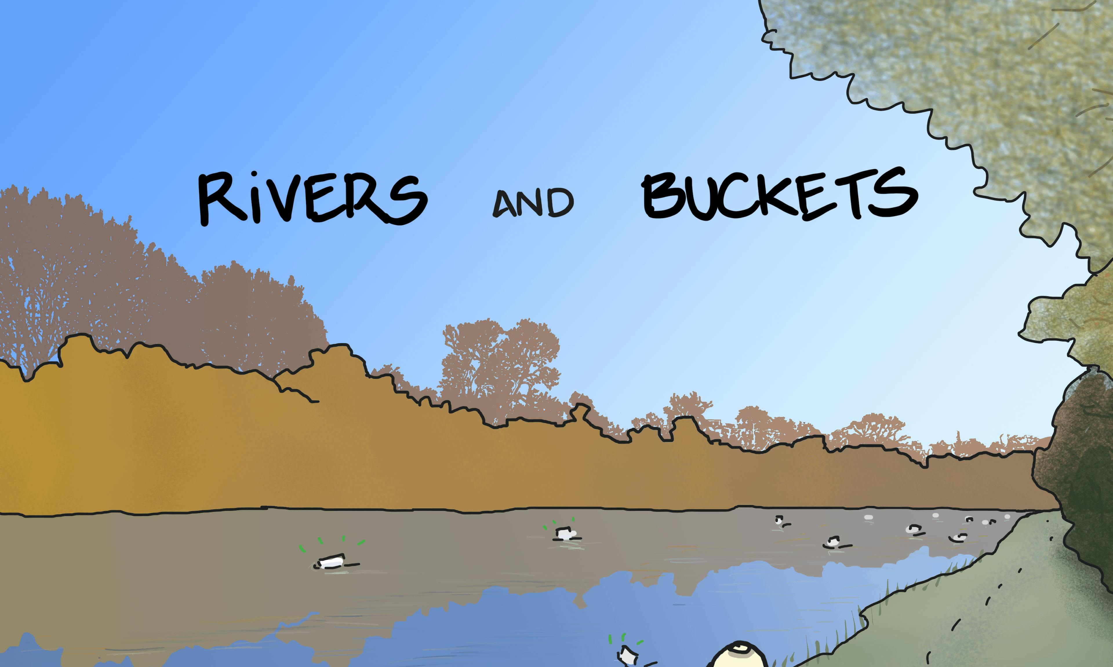 Rivers and buckets metaphor illustration: one person sits calmly by a river watching interesting things go by, another gently stresses holding a bucket with an overflowing list surrounded by more buckets on the floor, each with long lists