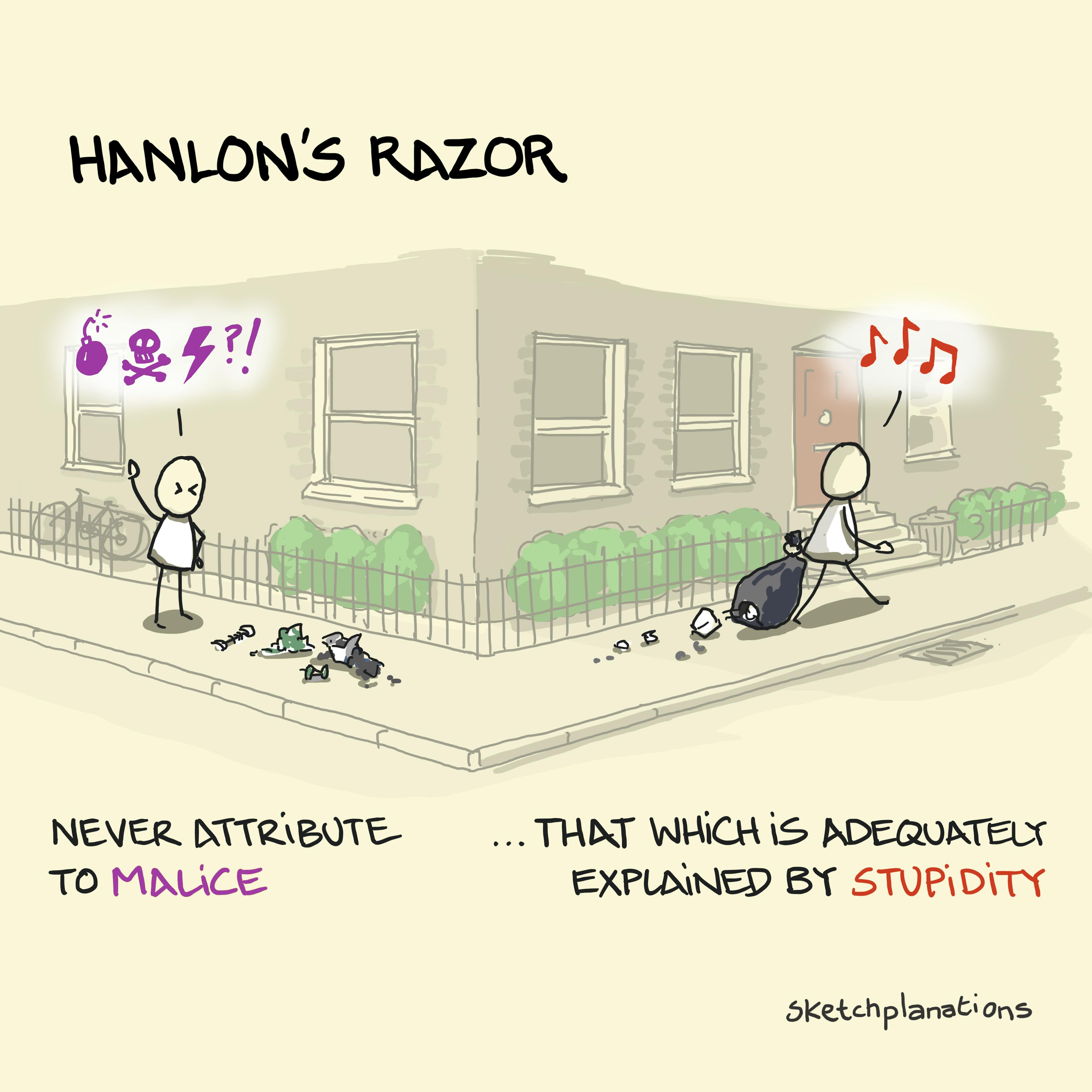 Hanlon's razor: never attribute to malice that which is adequately explained by stupidity. Here, it's explained in a cartoon of someone getting mad at dropped litter when it accidentally was dropped out of the bin bag of another person around the corner