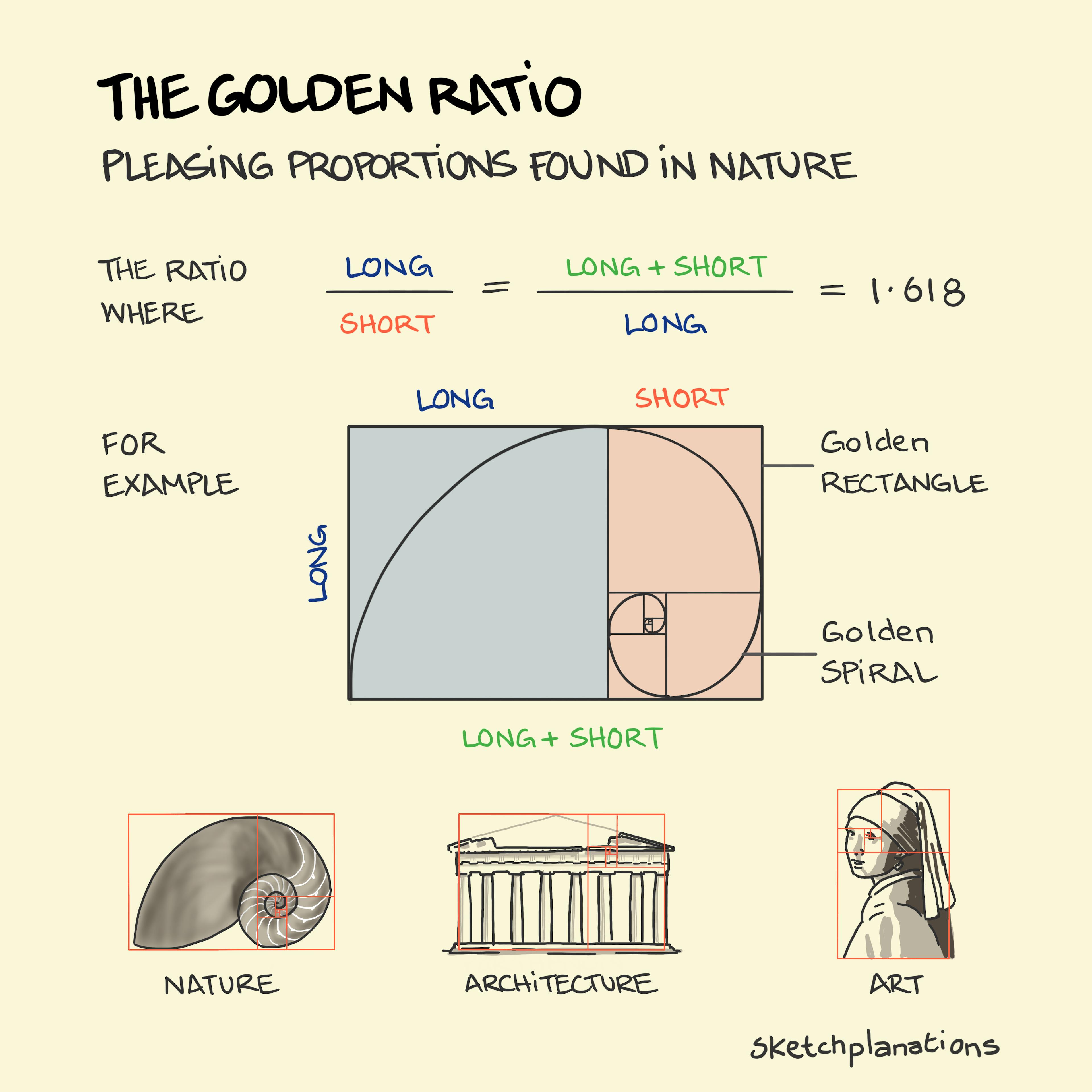 What is the golden ratio explained and the golden spiral and the golden ratio in faces, art, nature, architecture and how to calculate it