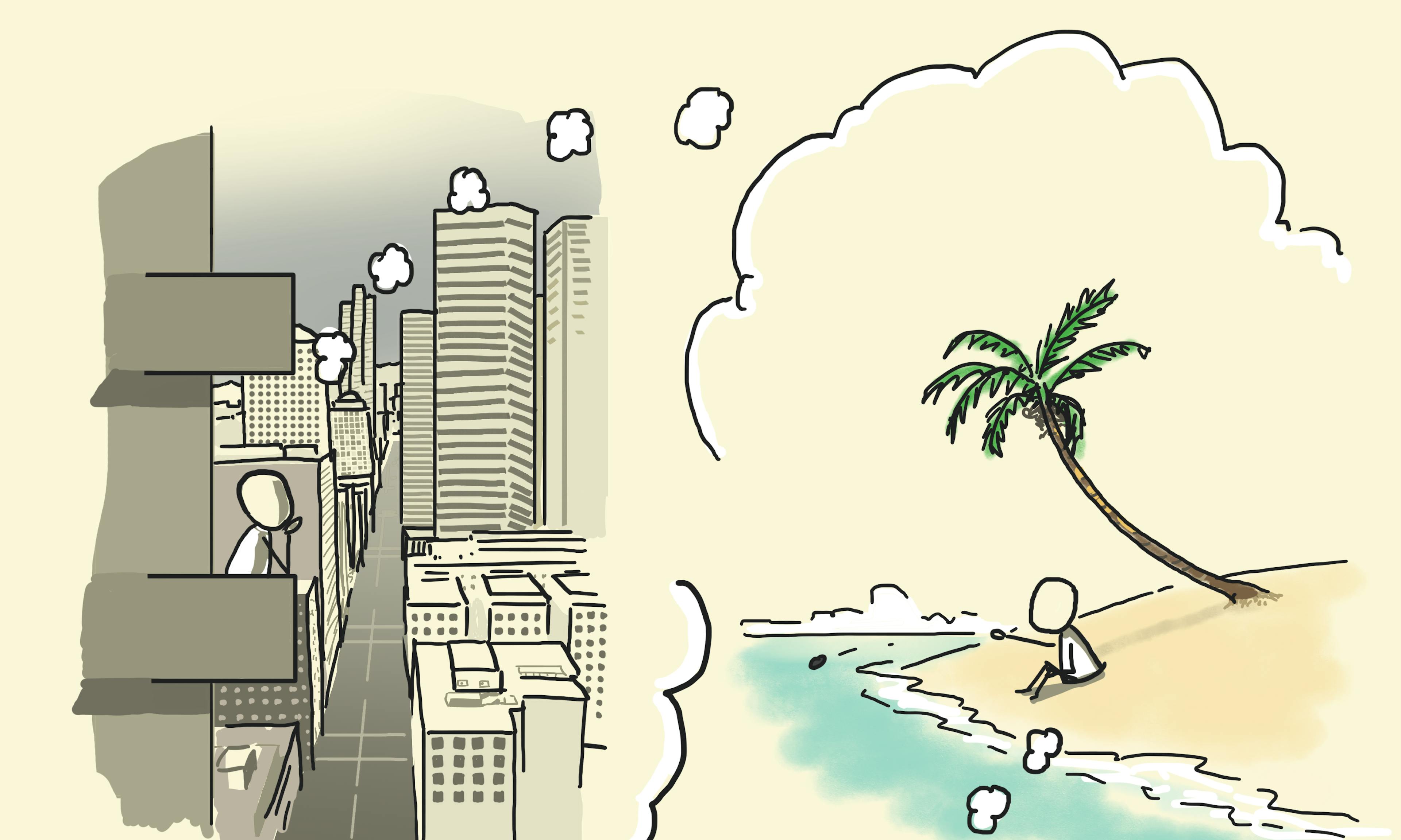 What is the paradise paradox explained with a person on a city balcony dreaming of a beach where a person is dreaming of the city