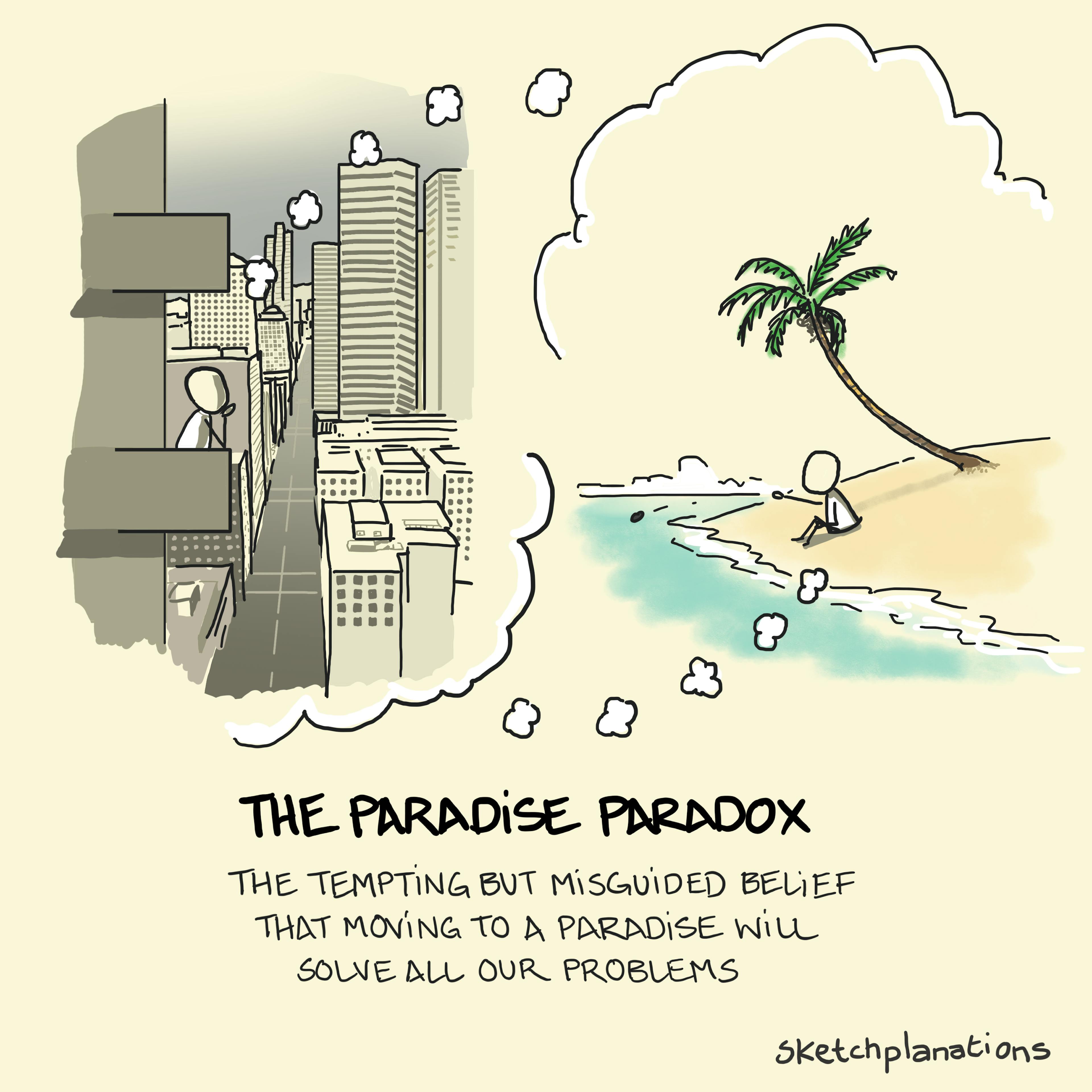 What is the paradise paradox explained with a person on a city balcony dreaming of a beach where a person is dreaming of the city