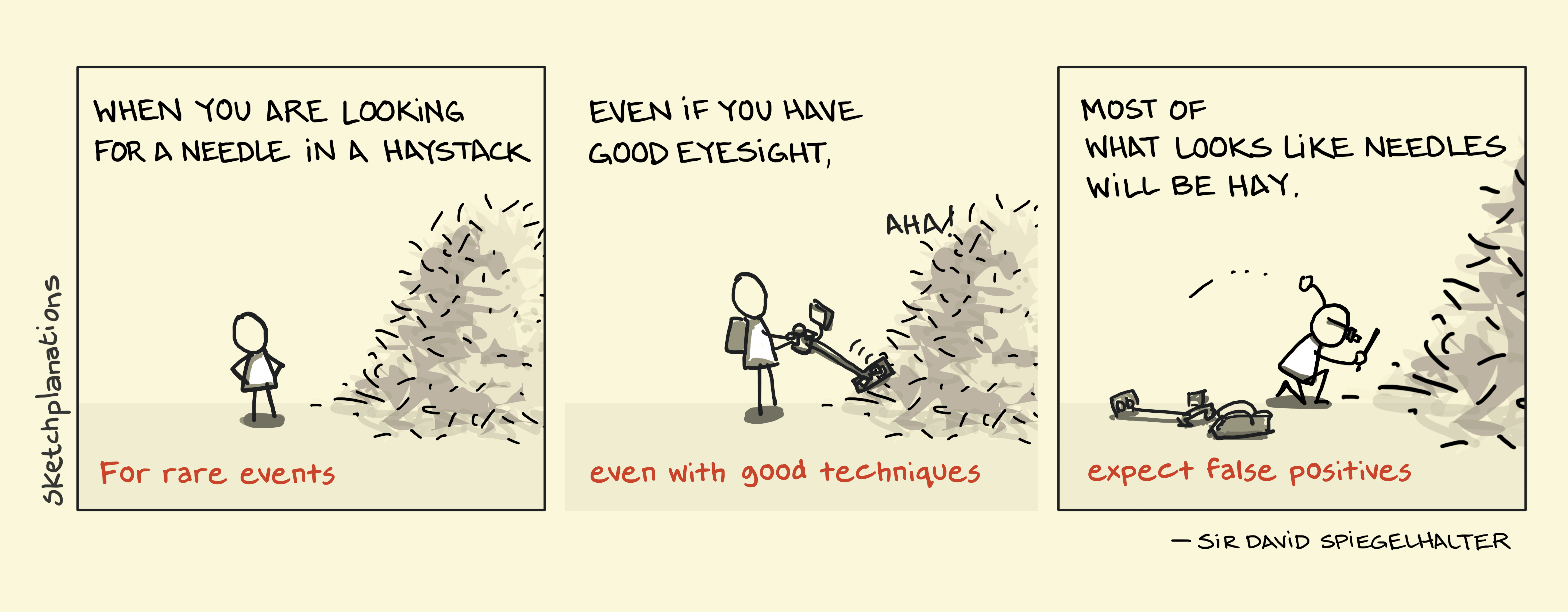 What are false positives? Sir David Spiegelhalter's needle-in-a-haystack analogy shows why searching for rare events can produce many false positives, even with good detection techniques.