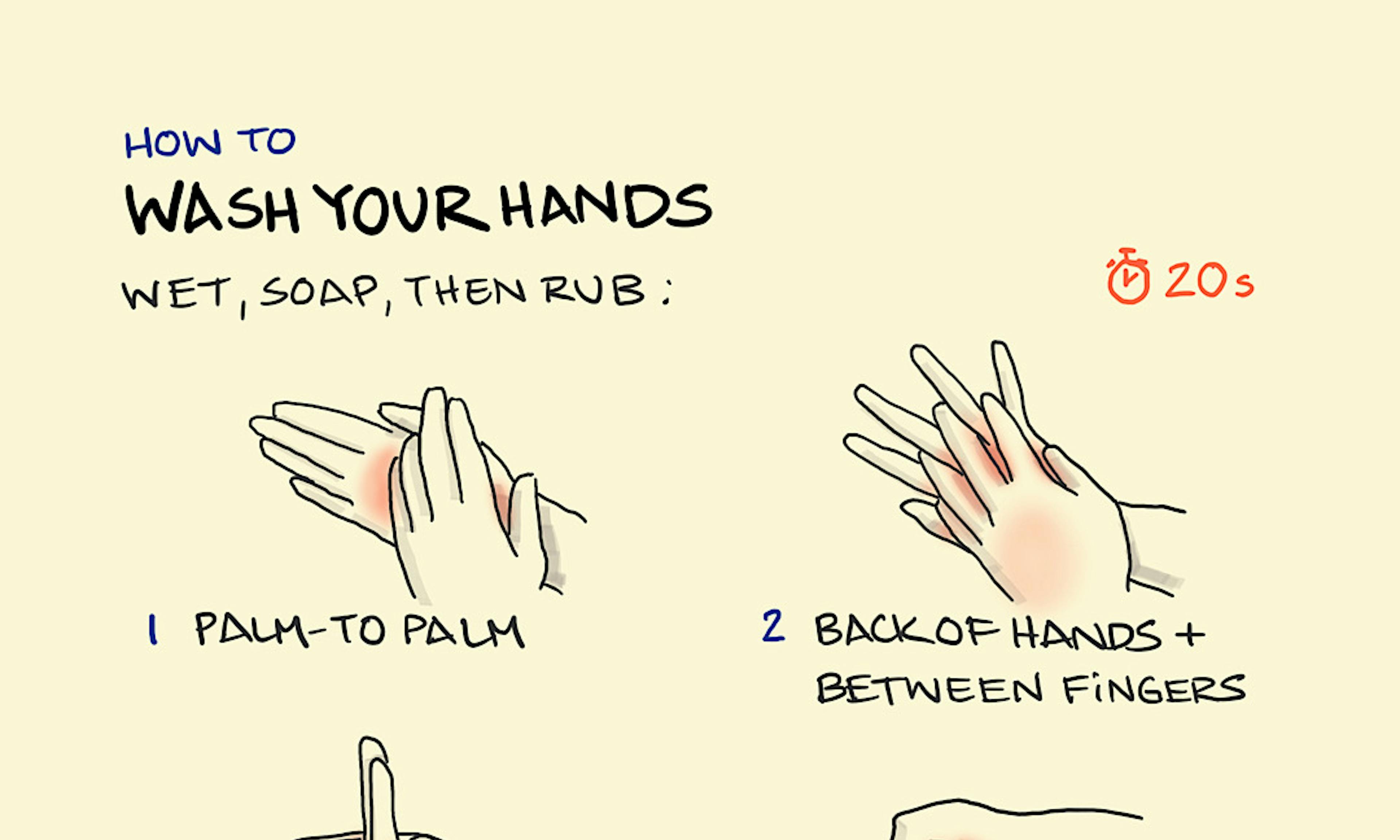 How to wash your hands illustration: the 6-step guide shows how to make sure you wash your hands thoroughly; getting right into all the nooks, crannies, creases and folds of your fingers, thumbs, palms and backs of your hands. A minimum of 20 seconds wash time is recommended.