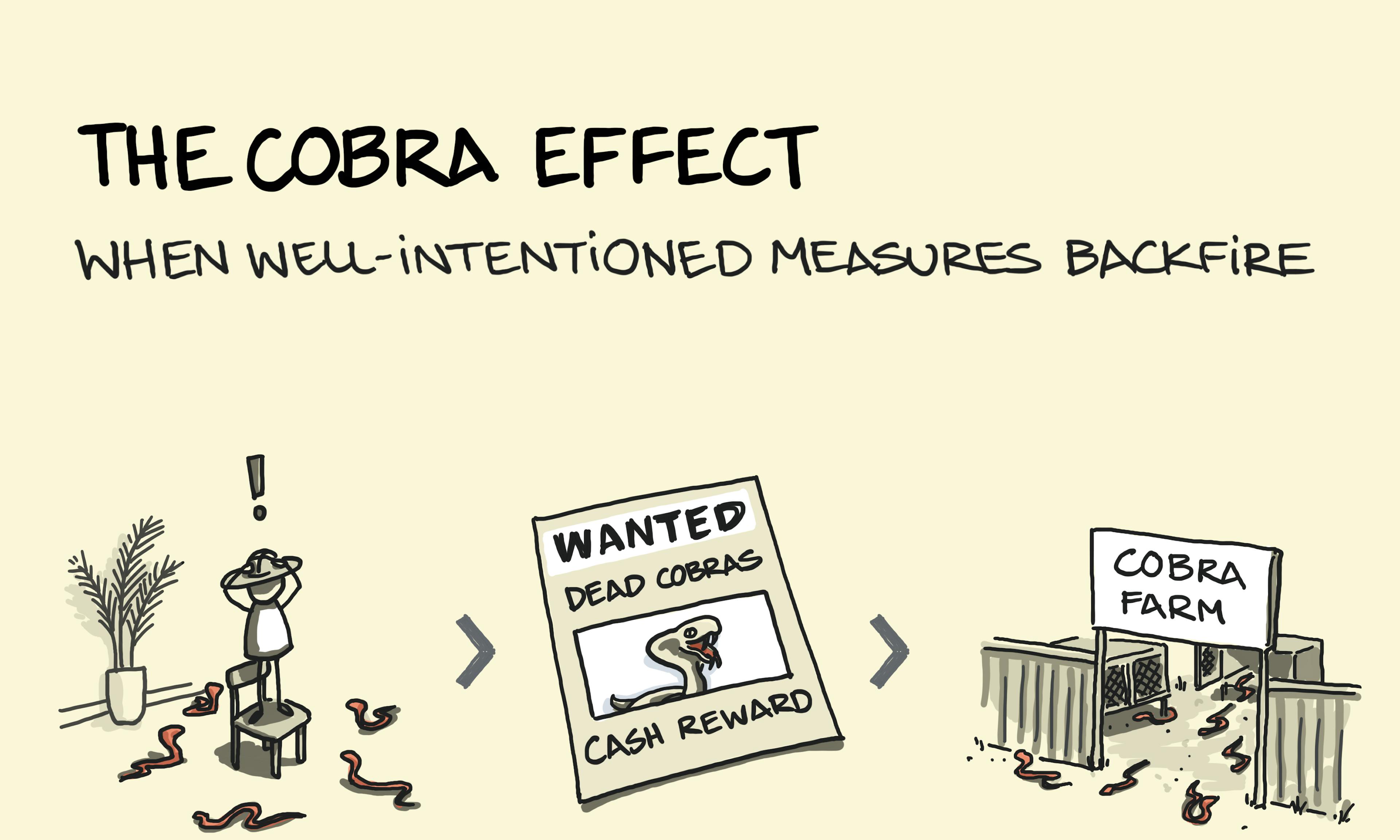 What is the Cobra Effect? A visual explanation showing how a plan to pay for dead cobras in India backfired when people began breeding cobras to claim the reward.