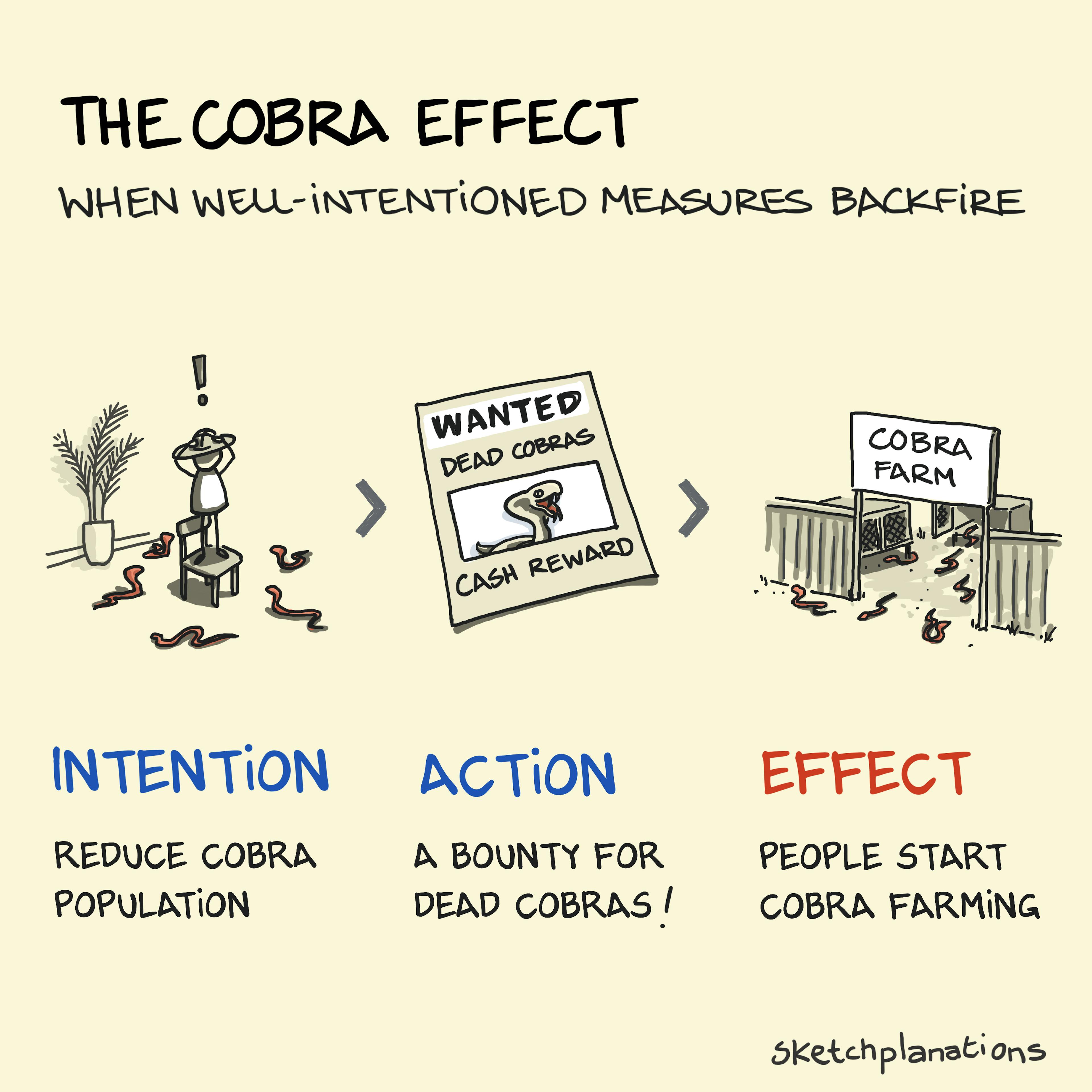 What is the Cobra Effect? A visual explanation showing how a plan to pay for dead cobras in India backfired when people began breeding cobras to claim the reward.