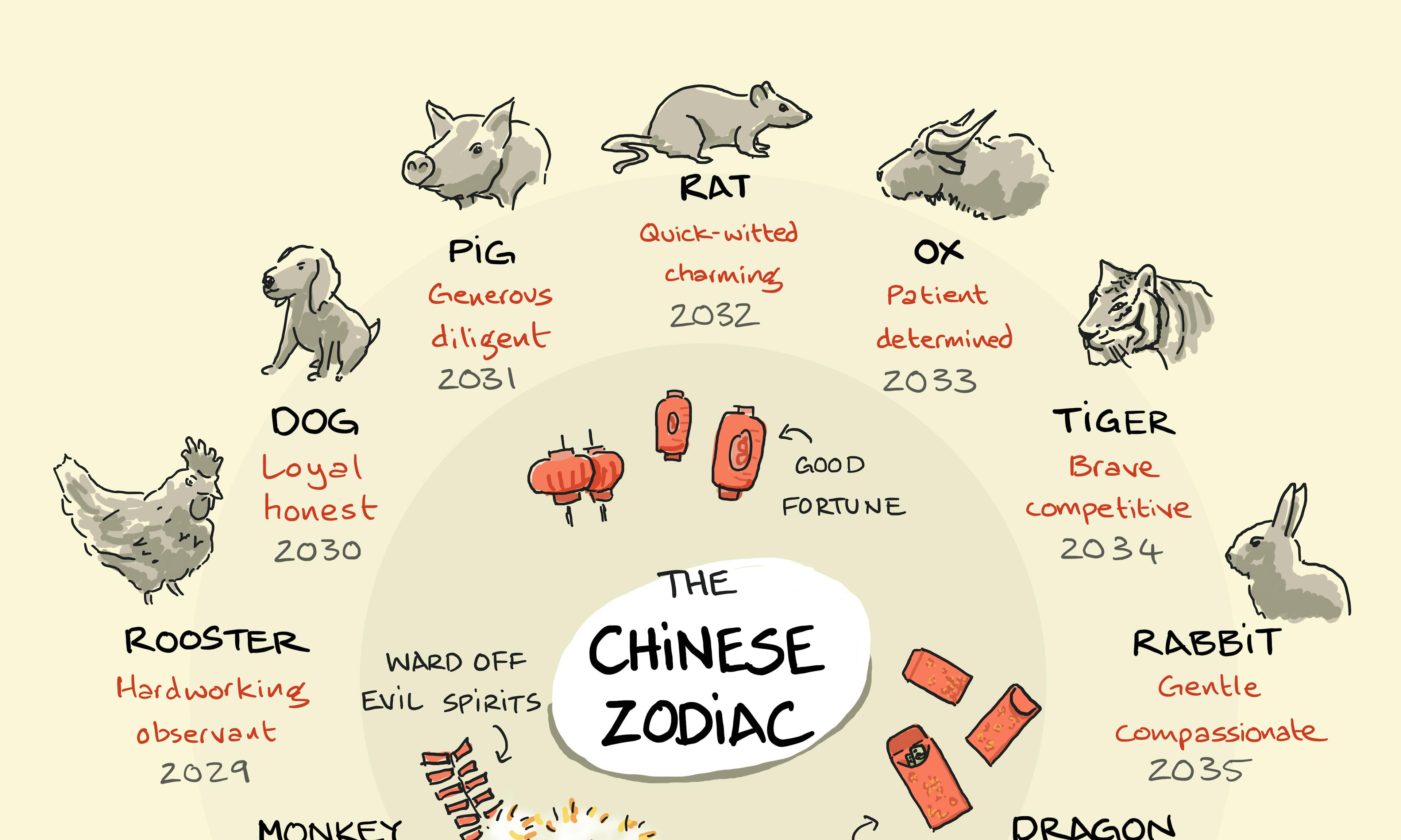 The Chinese Zodiac calendar featuring the 12 zodiac animals, their personality traits, and corresponding years from 2025 to 2036. Includes traditional Chinese New Year symbols like lanterns, red envelopes, and firecrackers.