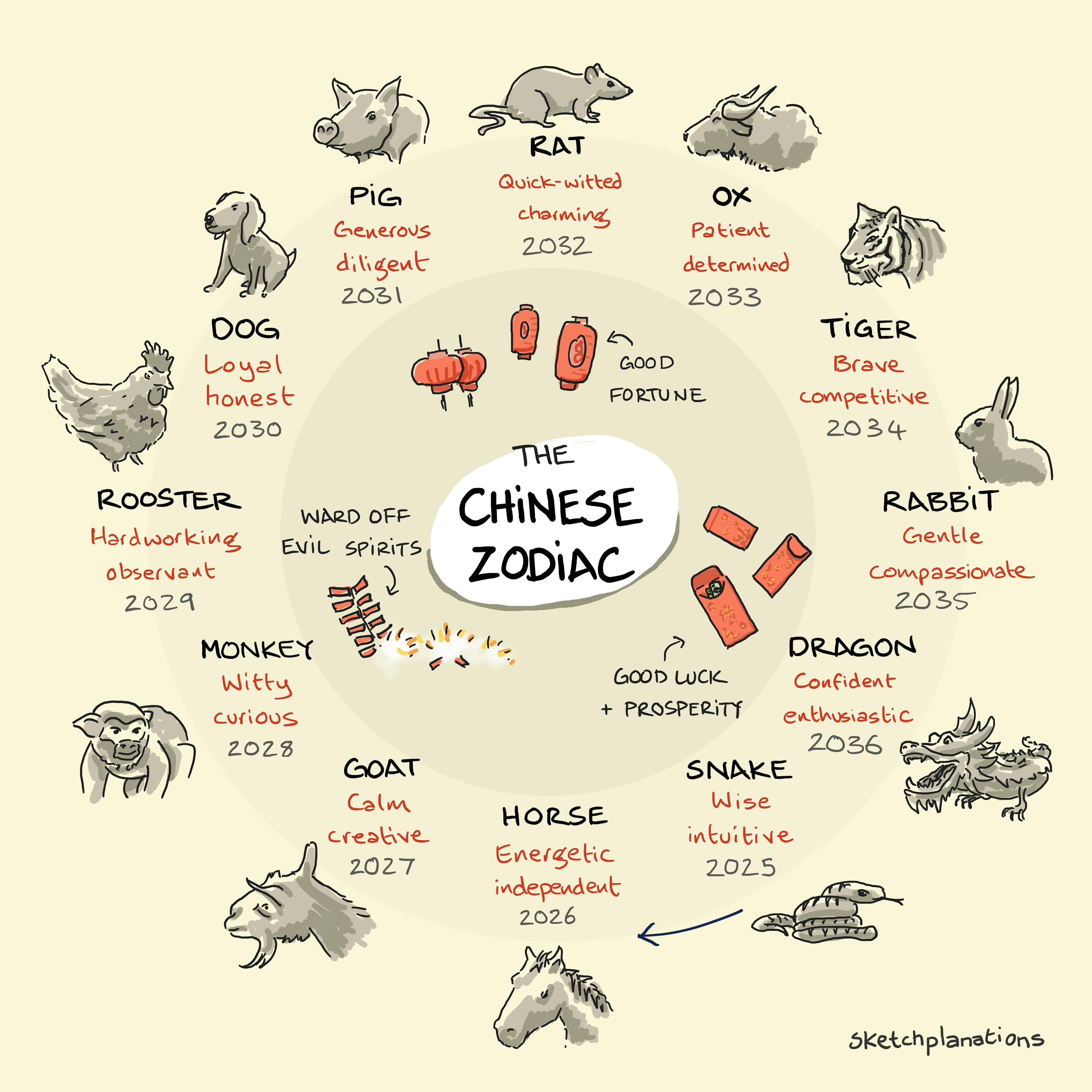The Chinese Zodiac calendar featuring the 12 zodiac animals, their personality traits, and corresponding years from 2025 to 2036. Includes traditional Chinese New Year symbols like lanterns, red envelopes, and firecrackers.