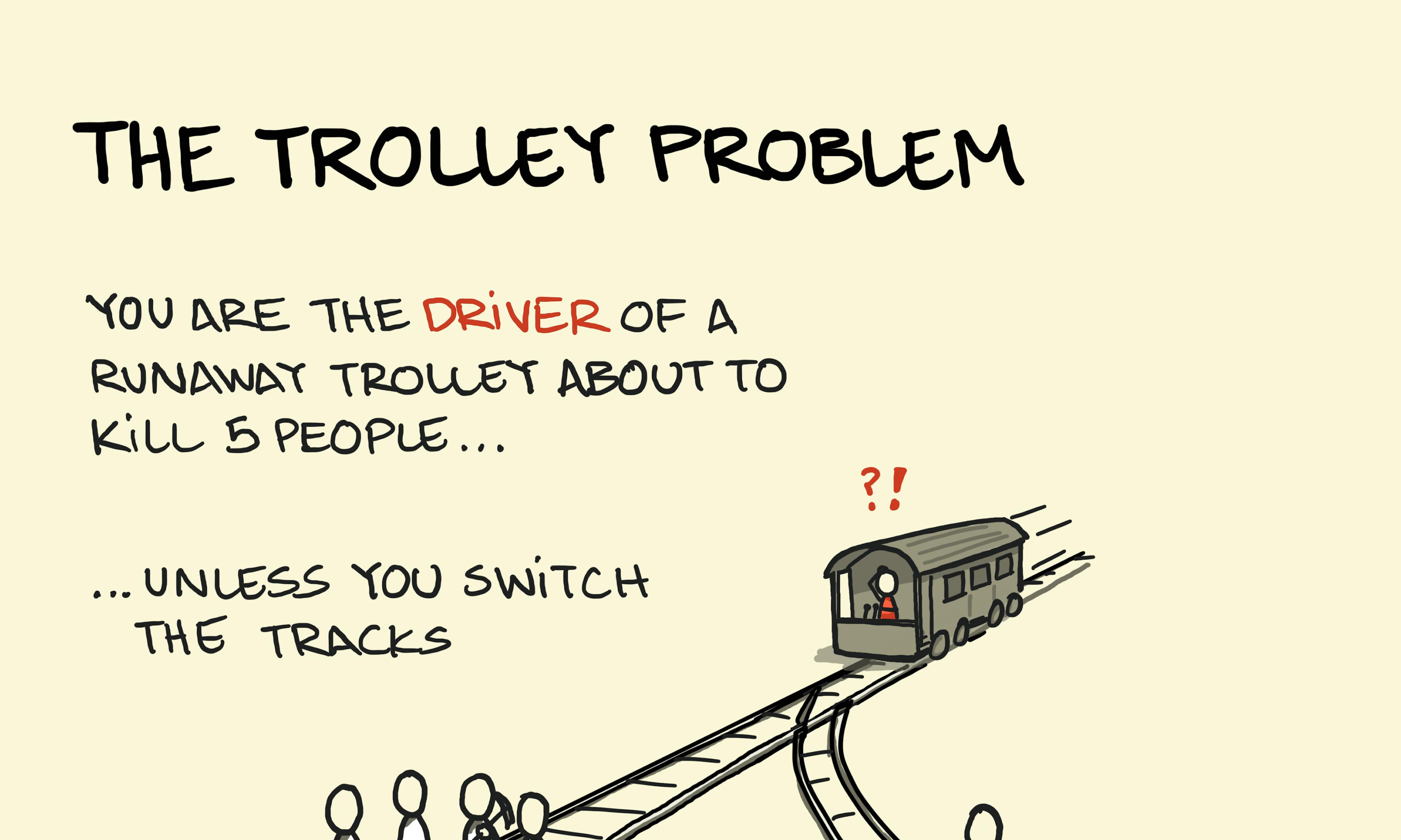 The Trolley Problem original variant with the runaway trolley and moral dilemma of switching the tracks