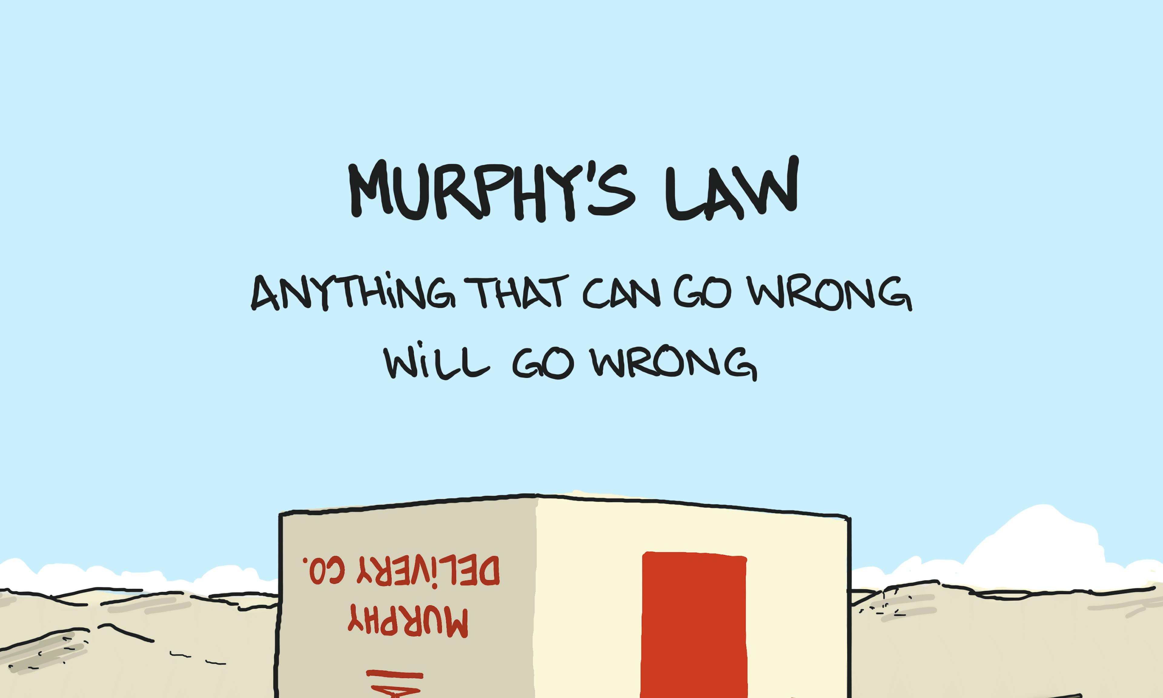 What is Murphy’s Law? Meaning and example shown by a giant box labeled “This Way Up” lying upside down showing "Anything that can go wrong will go wrong."