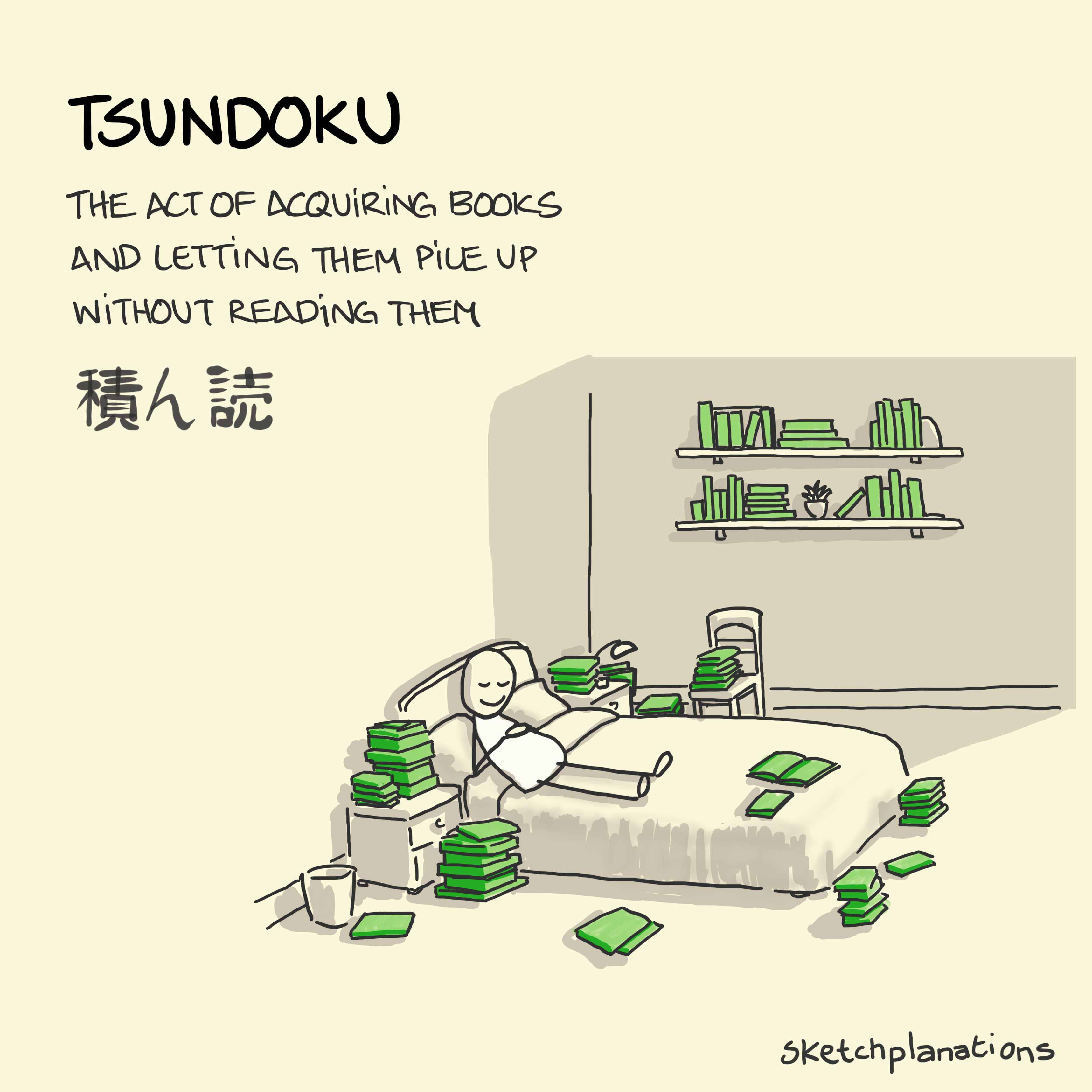 What is Tsundoku meaning and example: the act of collecting books without reading them shown by a person snoozing happily on their bed surrounded by books, books and books