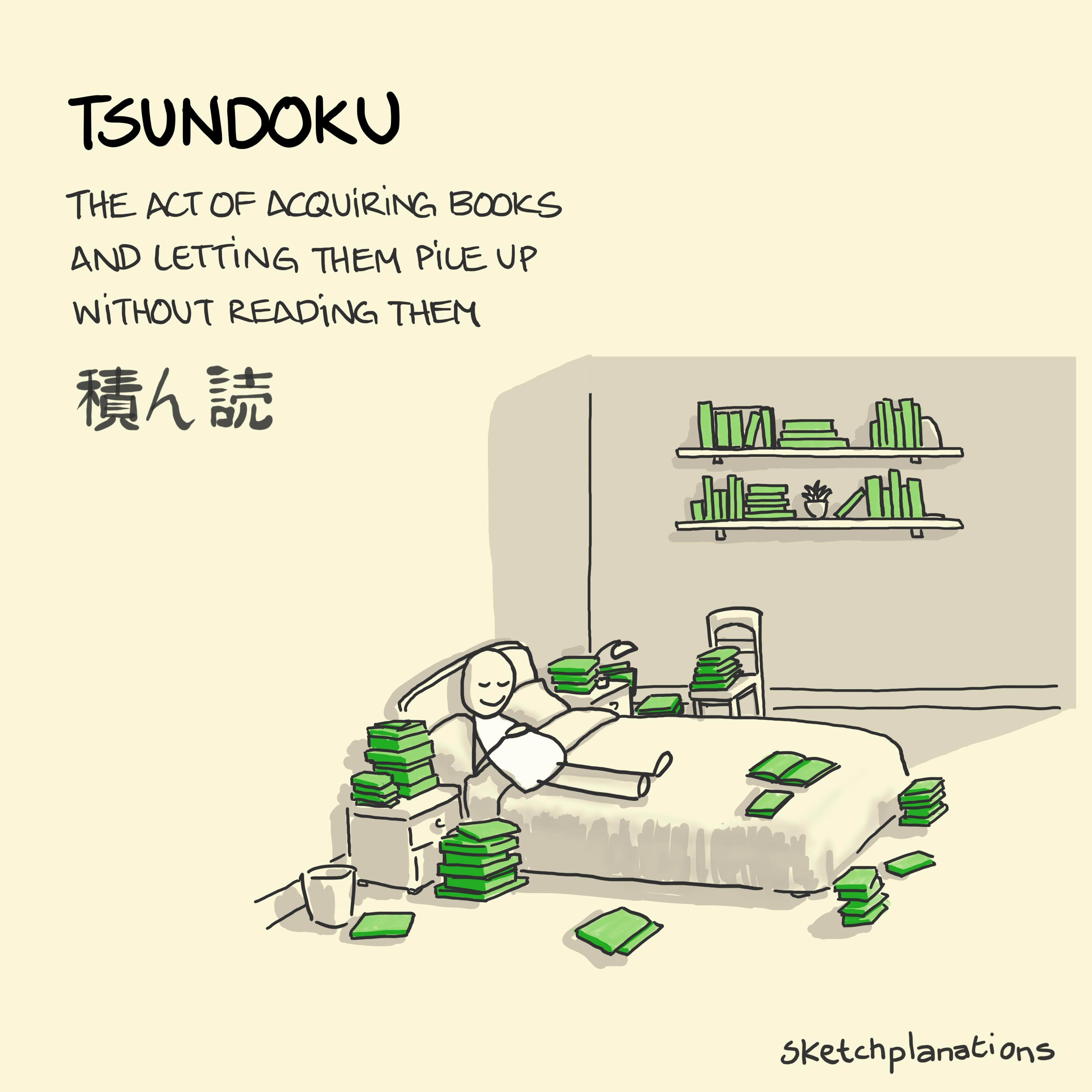 What is Tsundoku meaning and example: the act of collecting books without reading them shown by a person snoozing happily on their bed surrounded by books, books and books