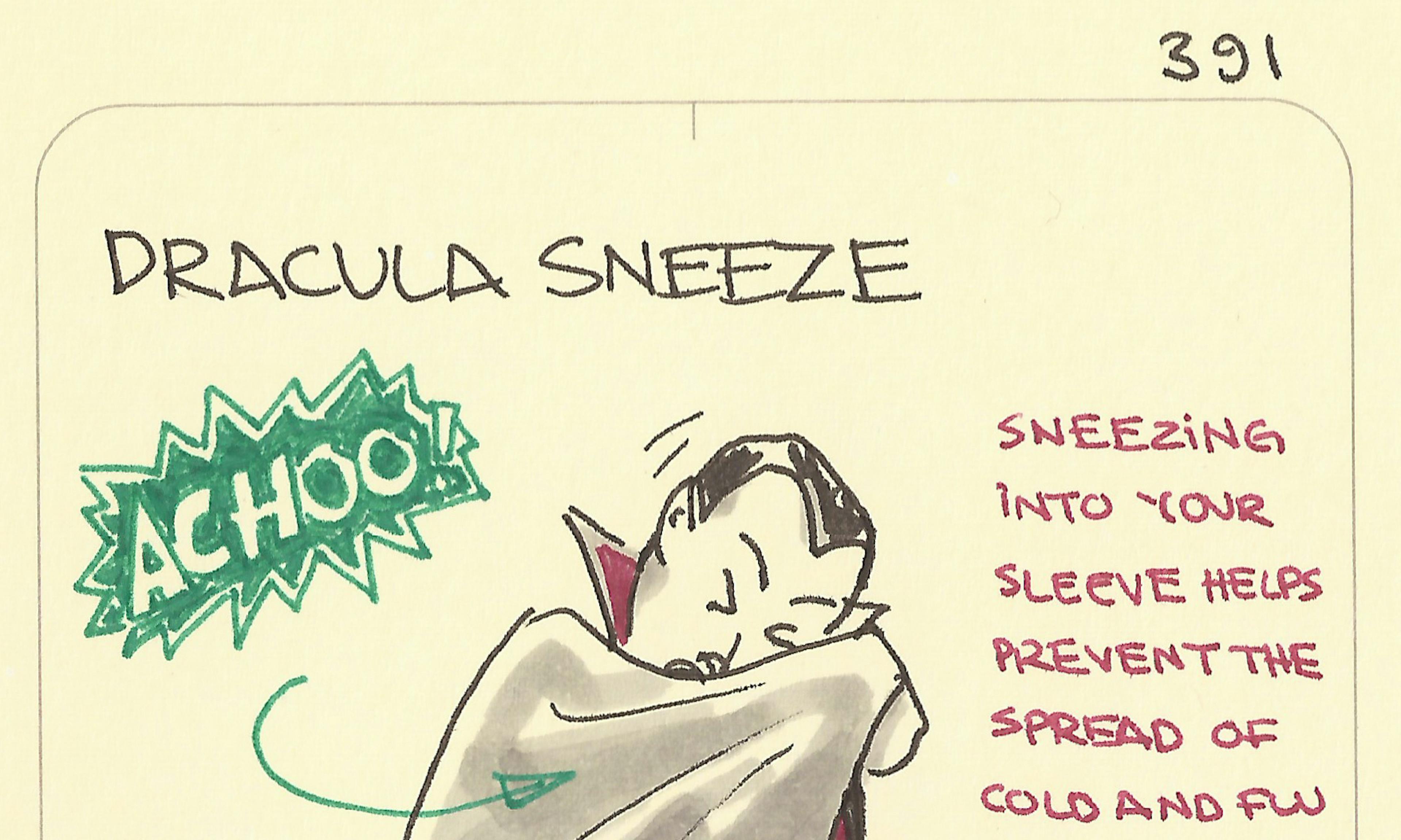 Dracula sneeze image: Dracula hooks round his cape to sneeze into his elbow and protect others from the germs of his sneeze