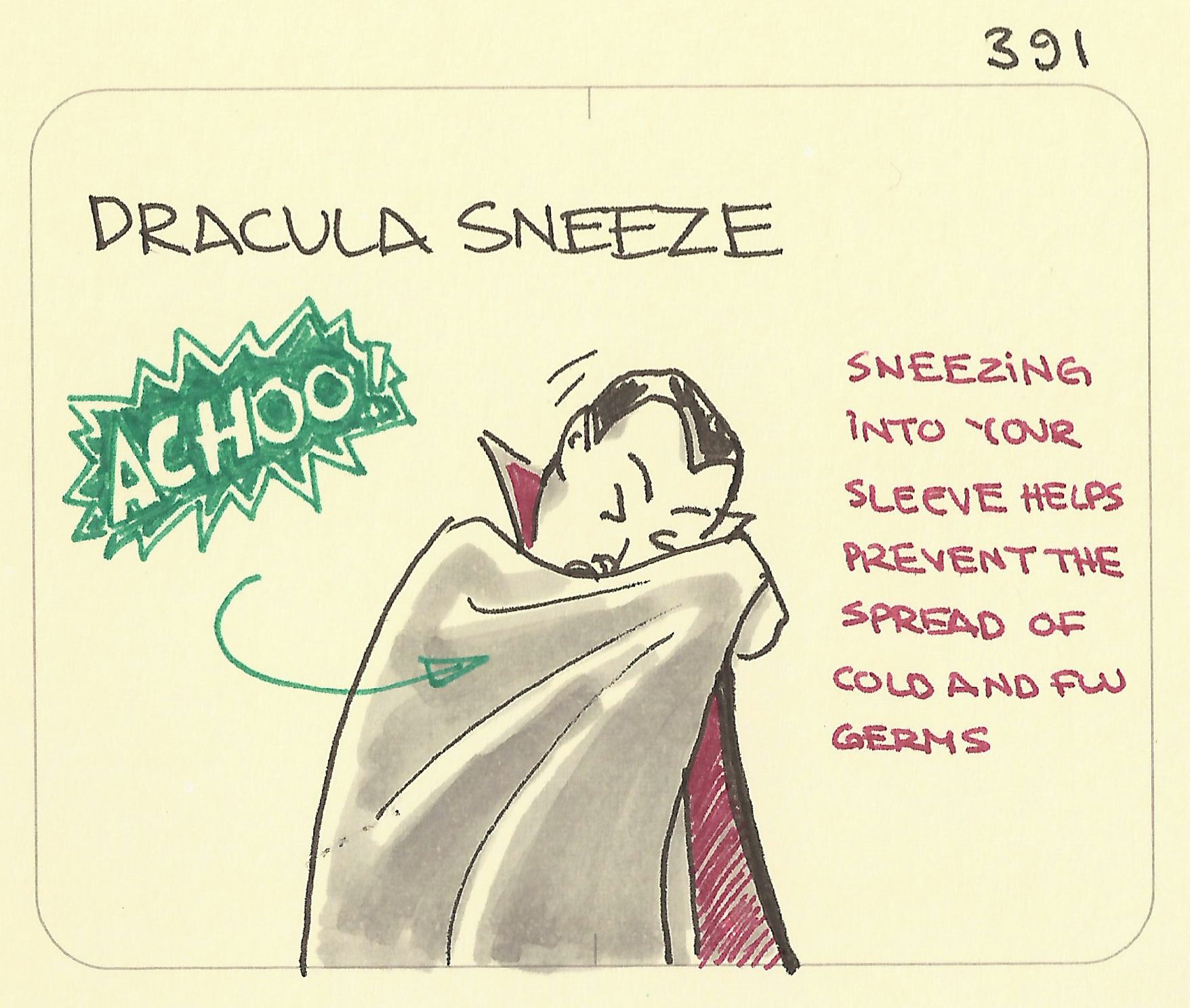 Dracula sneeze image: Dracula hooks round his cape to sneeze into his elbow and protect others from the germs of his sneeze