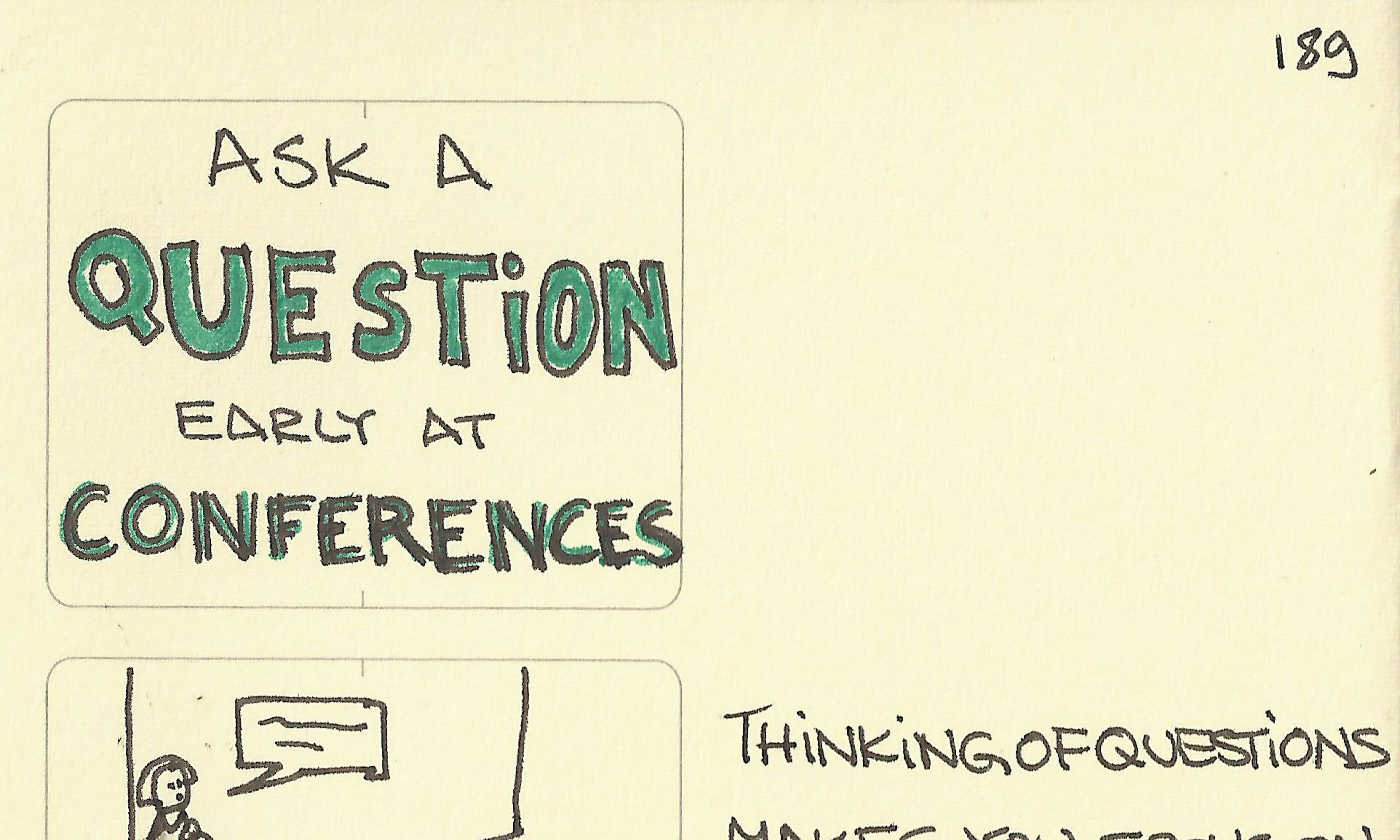 A participant asks a question at a conference talk leading to chat with new people later