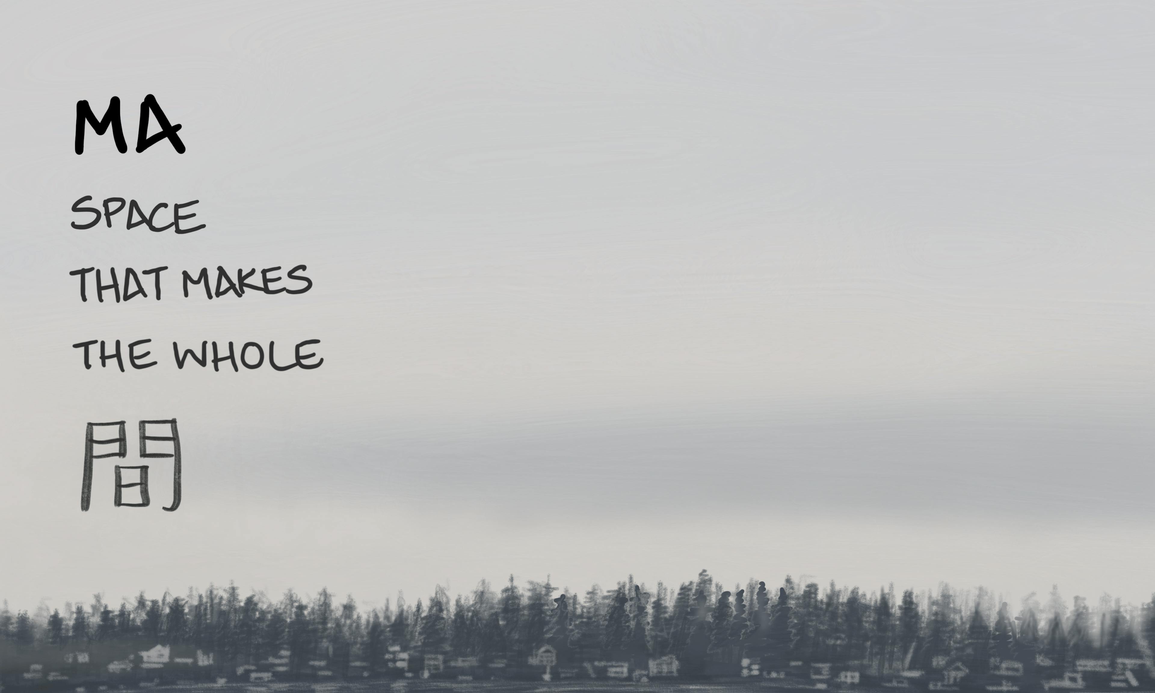 Ma sketch: a kayaker glides through a calm lake with a shoreline reflection on a moody grey day