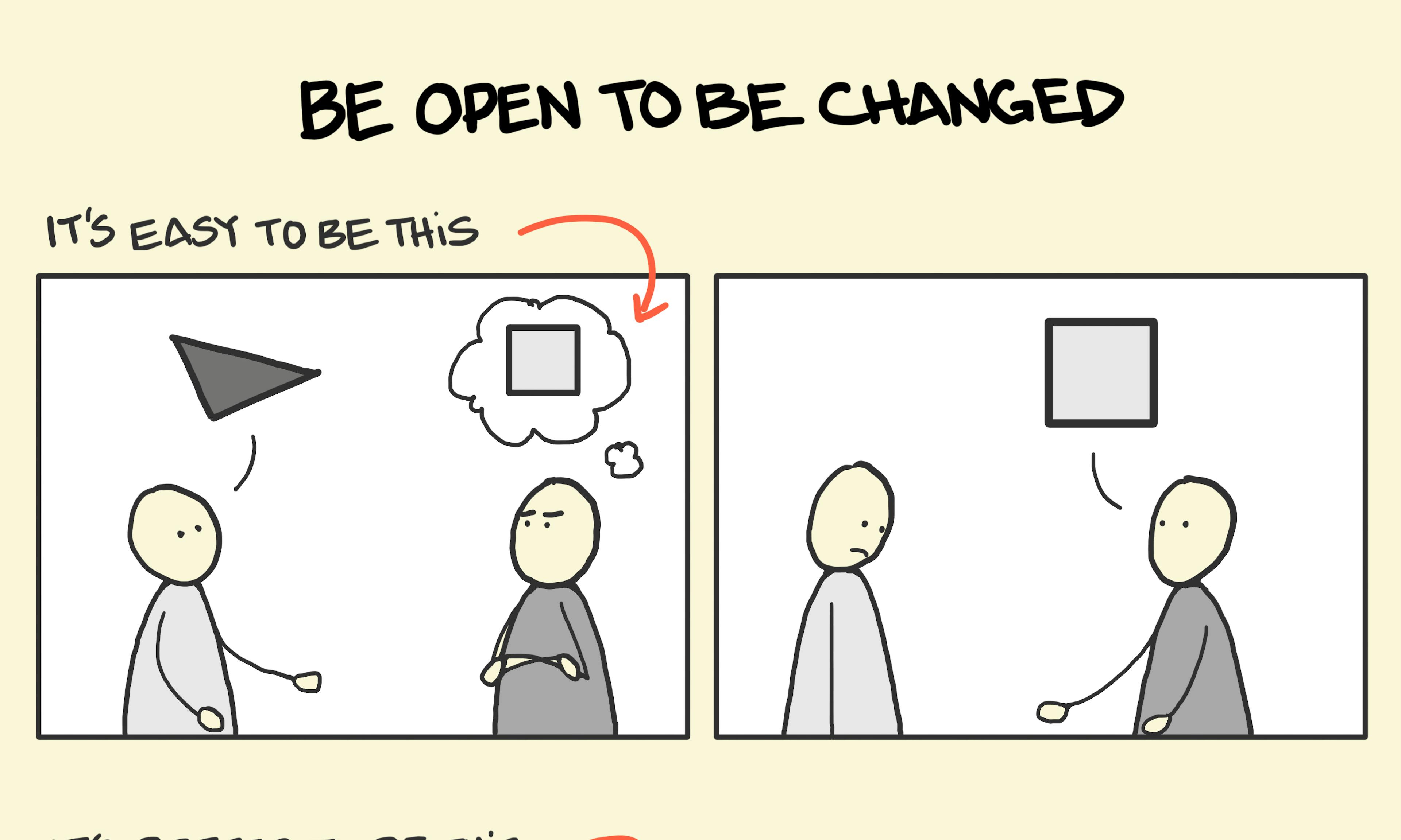 Be Open To Be Changed illustration: in the top half, two people are in conversation; as one speaks, the other is only waiting their turn to tell their story. In the bottom half, the same two people are in conversation but this time, as one speaks the other simply listens - allowing their mind to remain open to what is being said. It's perhaps more rewarding to be involved in the second of these two conversations.