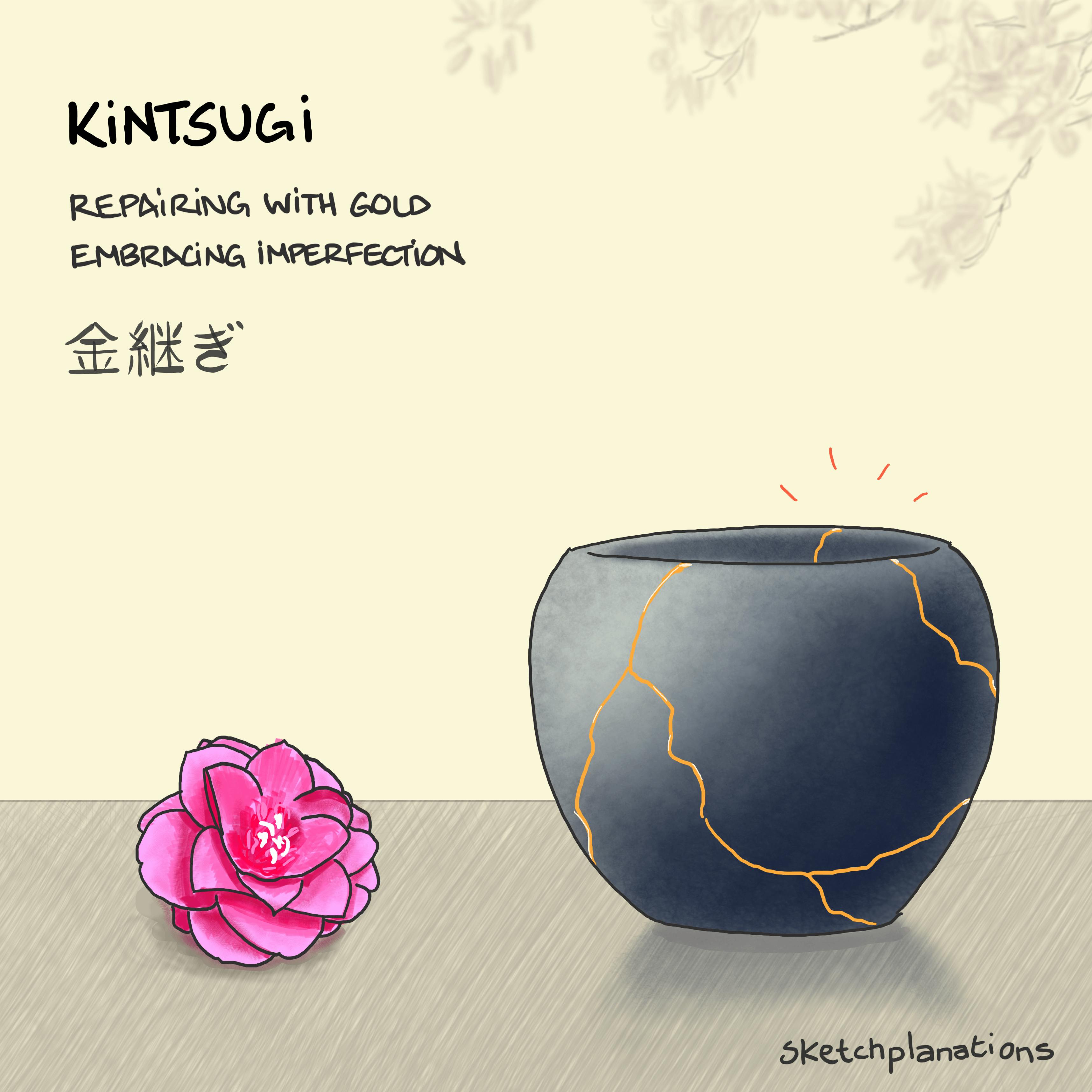 Kintsugi: A bowl repaired with kintsugi with bright gold seams visible next to a flower