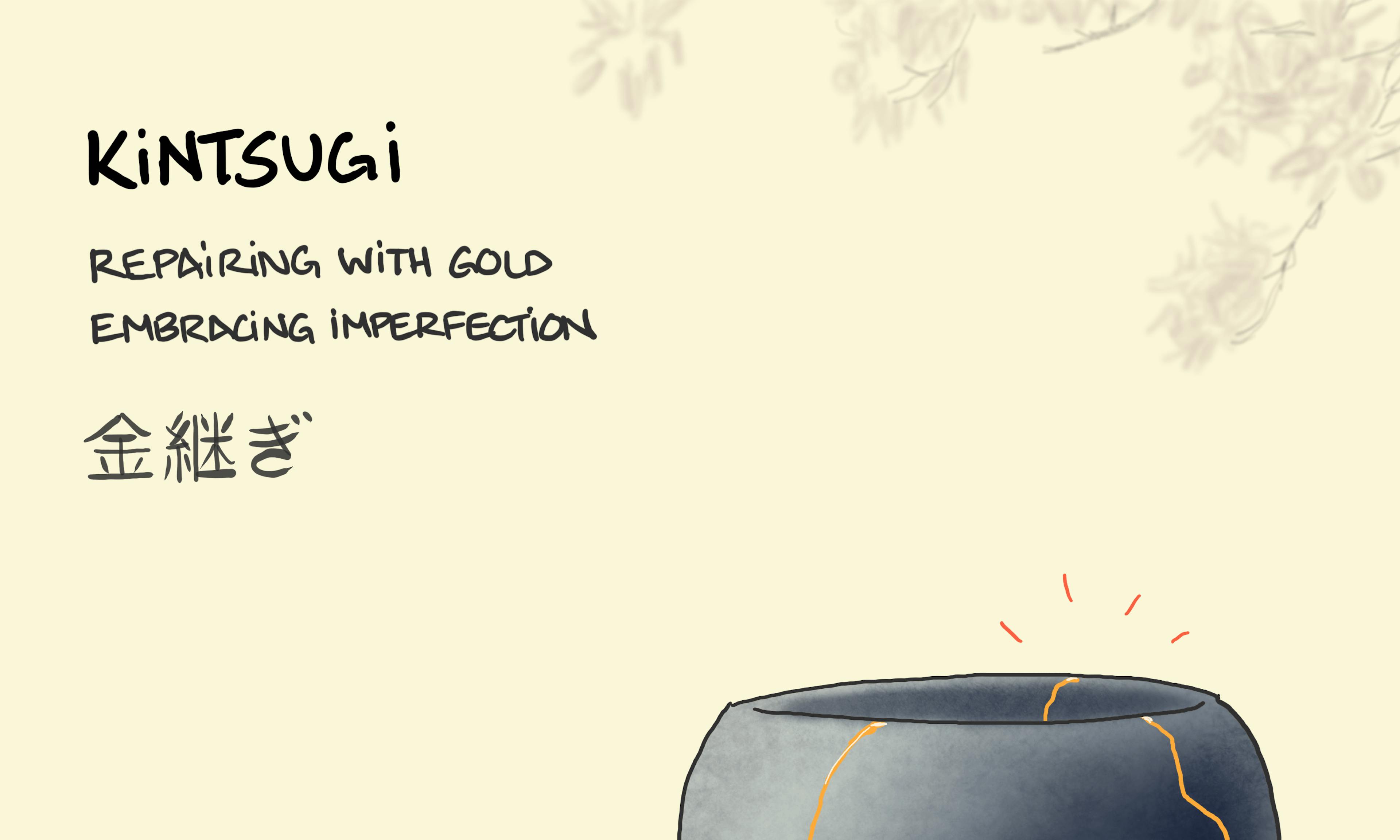 Kintsugi: A bowl repaired with kintsugi with bright gold seams visible next to a flower