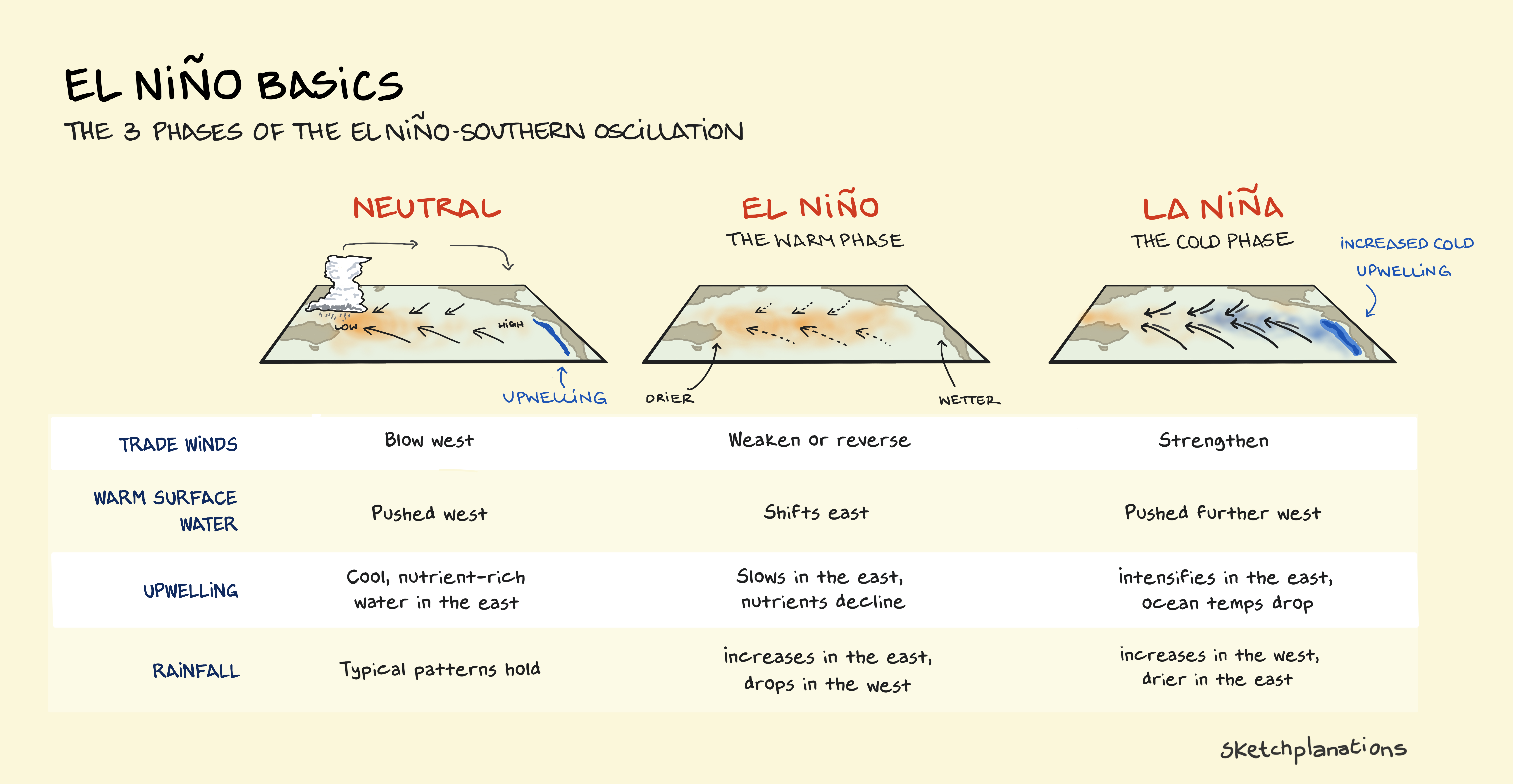 Understanding El Niño, what it is, how it works and the 3 phases of the El Niño-Southern Oscillation including the Neutral Phase, El Niño and La Niña
