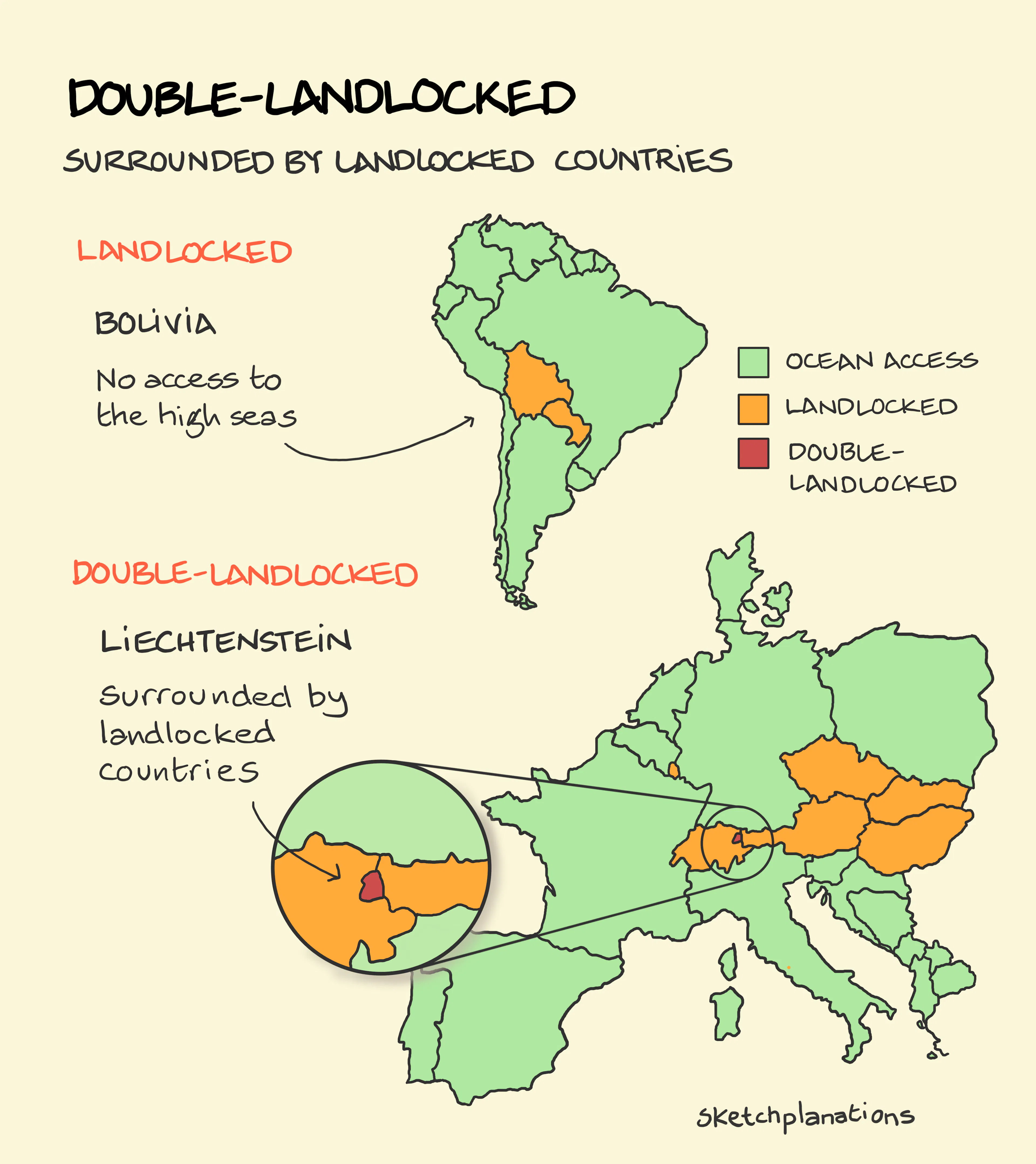 What are double-landlocked countries? Map showing a landlocked country and the meaning of double-landlocked countries with Liechtenstein surrounded only by landlocked countries. The other double-landlocked country is Uzbekistan.