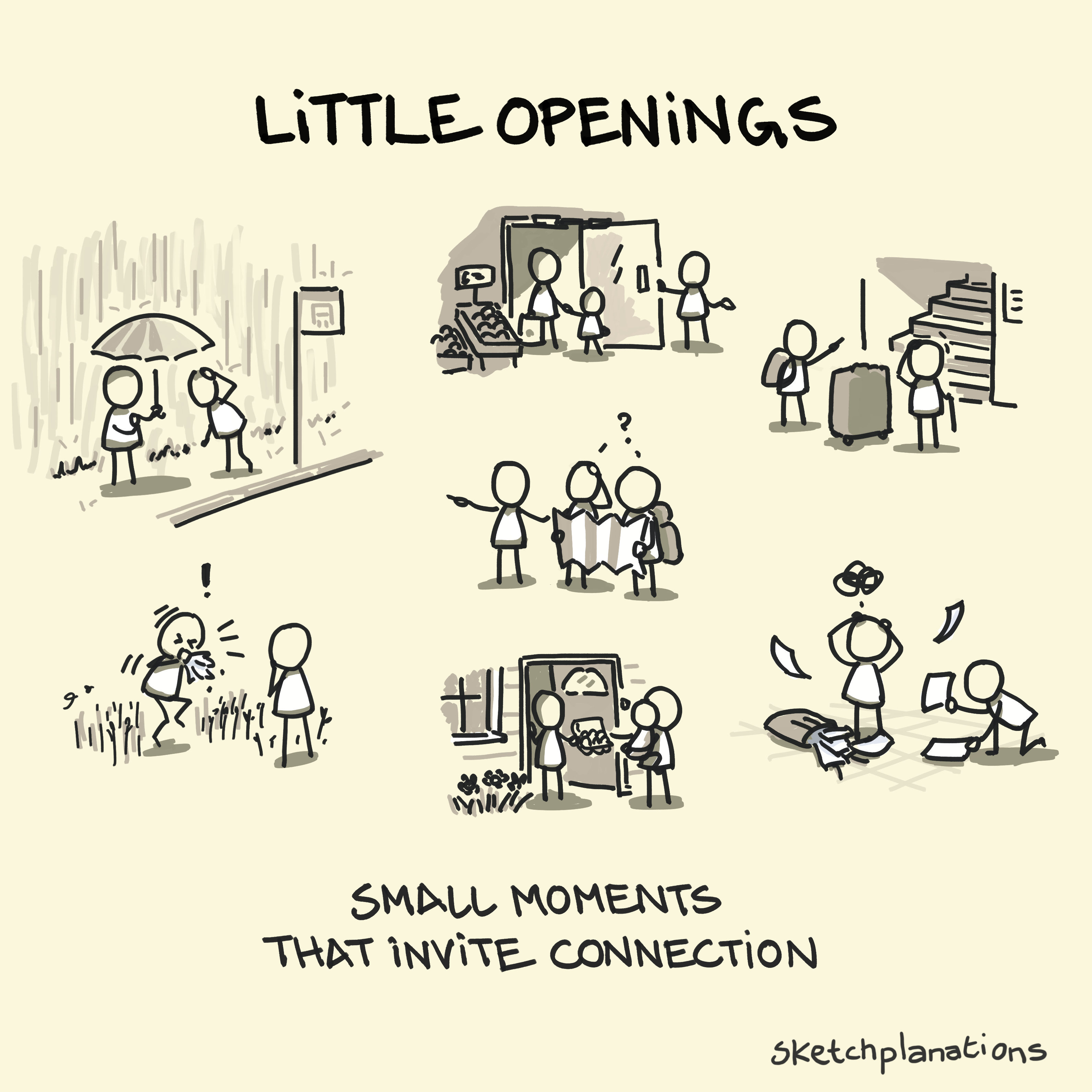 Little openings: small moments that invite connection - sharing an umbrella, holding a door, carrying a suitcase, sneezing, borrowing eggs, directing someone lost, or picking up dropped papers